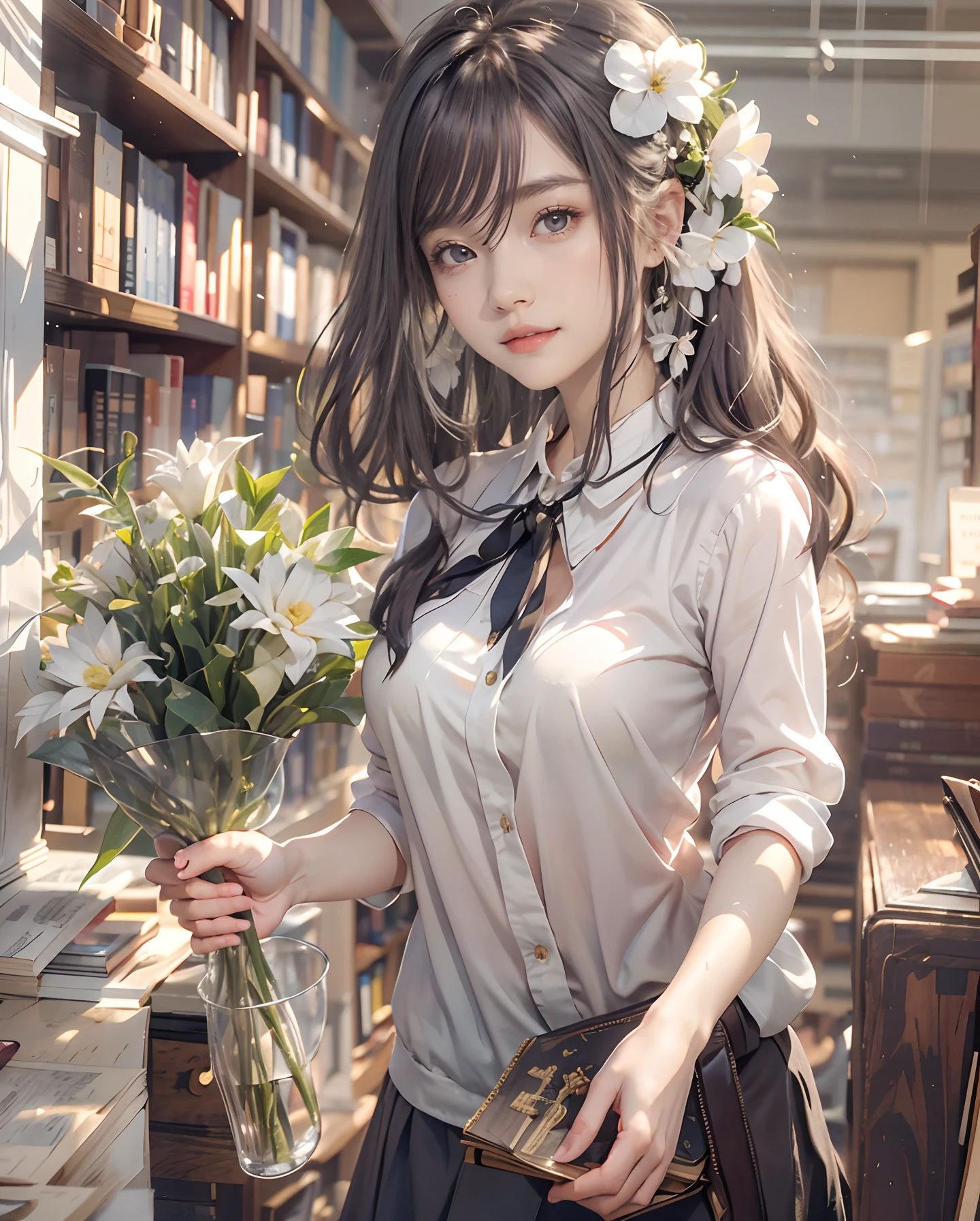 masutepiece、hight resolution、Library Reception、Library staff、scrivener、30-year-old girl、1Girl clerk、Looking at the camera、smil、Finish as shown in the photo、Flowers and girls、the skin is white and beautiful、Hair is long and beautiful、inner colored、Hair should be tied back、A slender