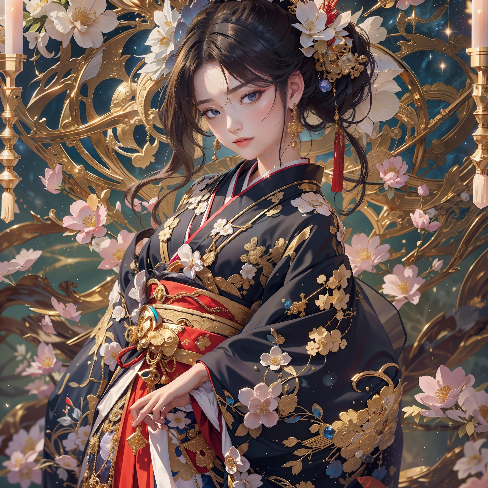 a moon、Detailed background(Detailed starry sky background),glossy dark hair,Ponytail BREAK,elaborate costume{Luxury kimono(Colorful kimono(Detailed golden embroidery,))}、face perfect,Depict a beautiful and graceful woman of Japan。Heart in the eye。 Wallpaper 8K, .Blur the background with a sickle,((masutepiece)), ((Best Quality)),{{a portrait photo of}}