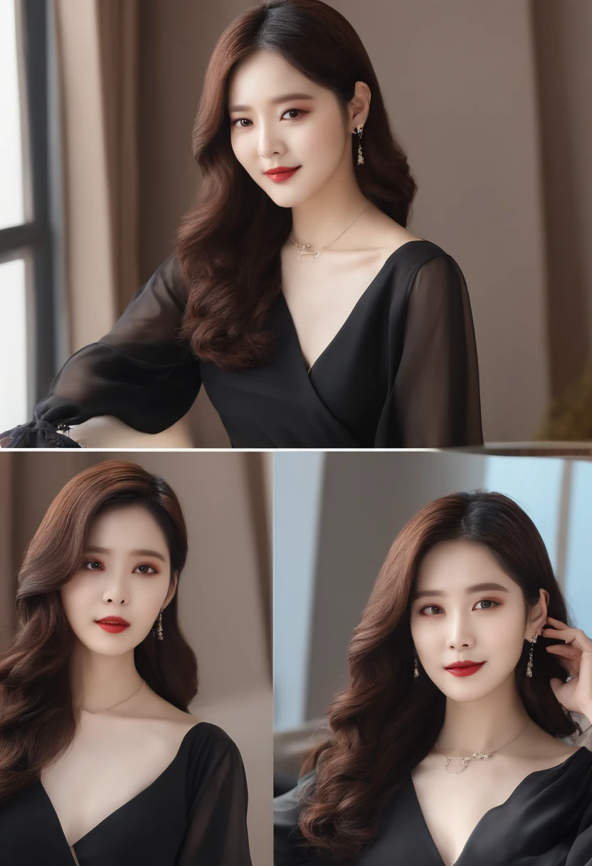 A woman with long hair and a black dress poses for a photo, wavy shoulder-length hair, jaeyeon nam, Lee Ji-eun, Izzy-silver(Lee Ji - Eun), heonhwa choe, Dynamic Wave Hair, Park Jimin / Park Ji-min, popular south Korean makeup, Popular Korean makeup, portrait of female korean idol, wavy hairstyle, long curly hair, Synthwave