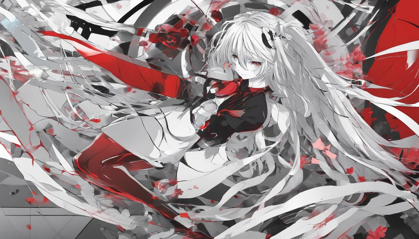 mulher de anime preto e branco com efeitos vermelhos em um cenario gotico de terror, sorrindo, rindo de psicopata, mulher psicopata, mulher estranha, good composition, cena de terror, efeitos eletricos vermelhos, 4k