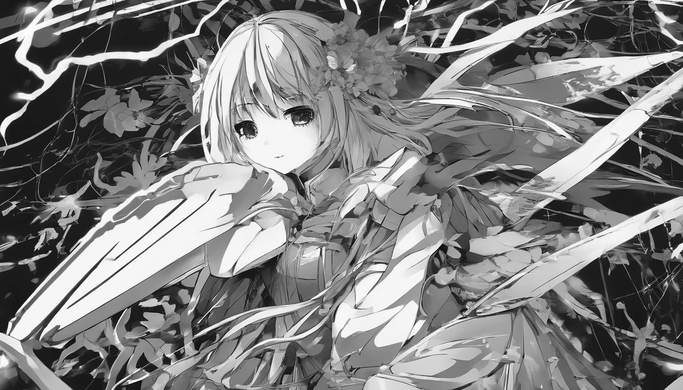 mulher de anime preto e branco com efeitos vermelhos em um cenario gotico de terror, sorrindo, rindo de psicopata, mulher psicopata, mulher estranha, good composition, cena de terror, efeitos eletricos vermelhos, 4k