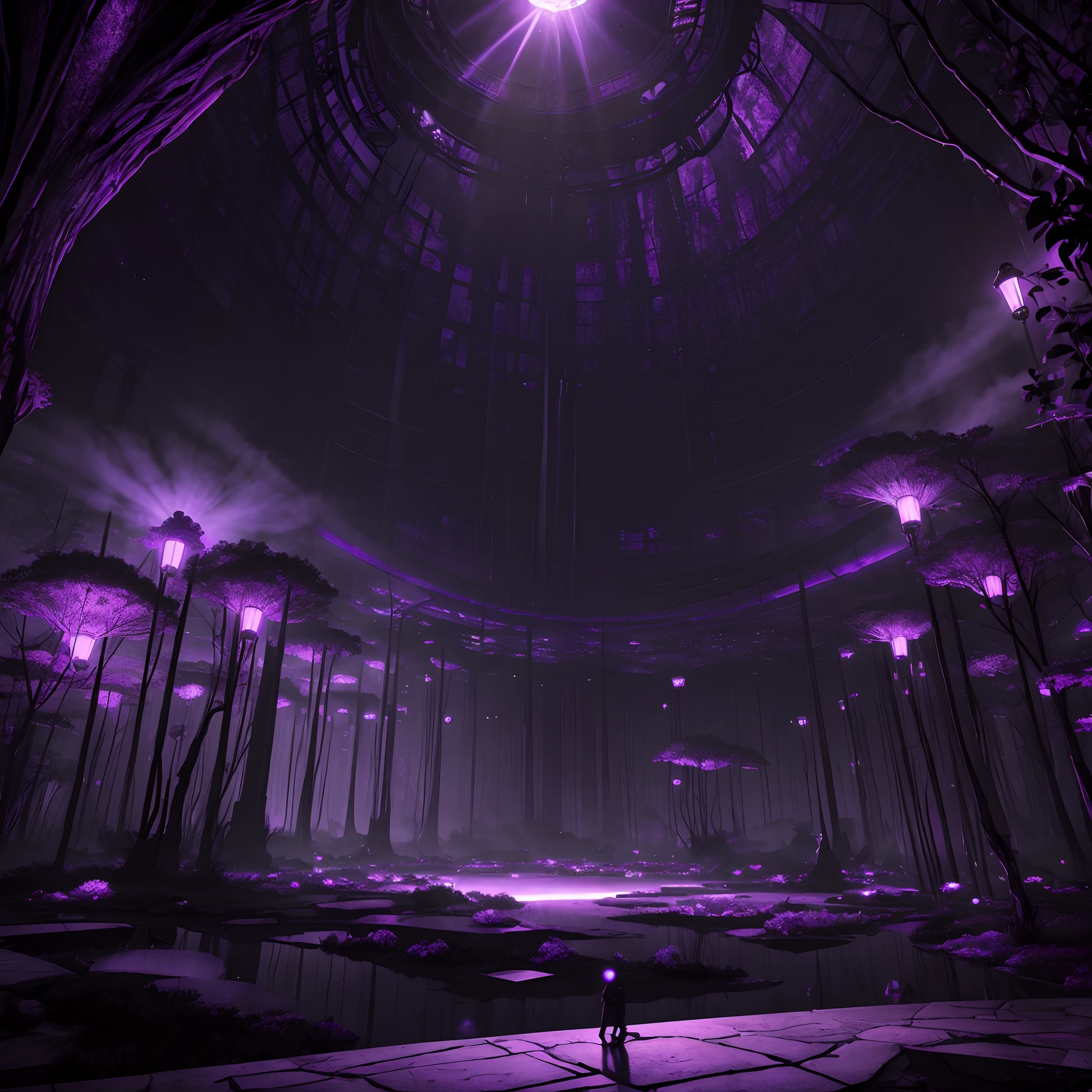 a psychedelic setting in dark shades of purple and gray