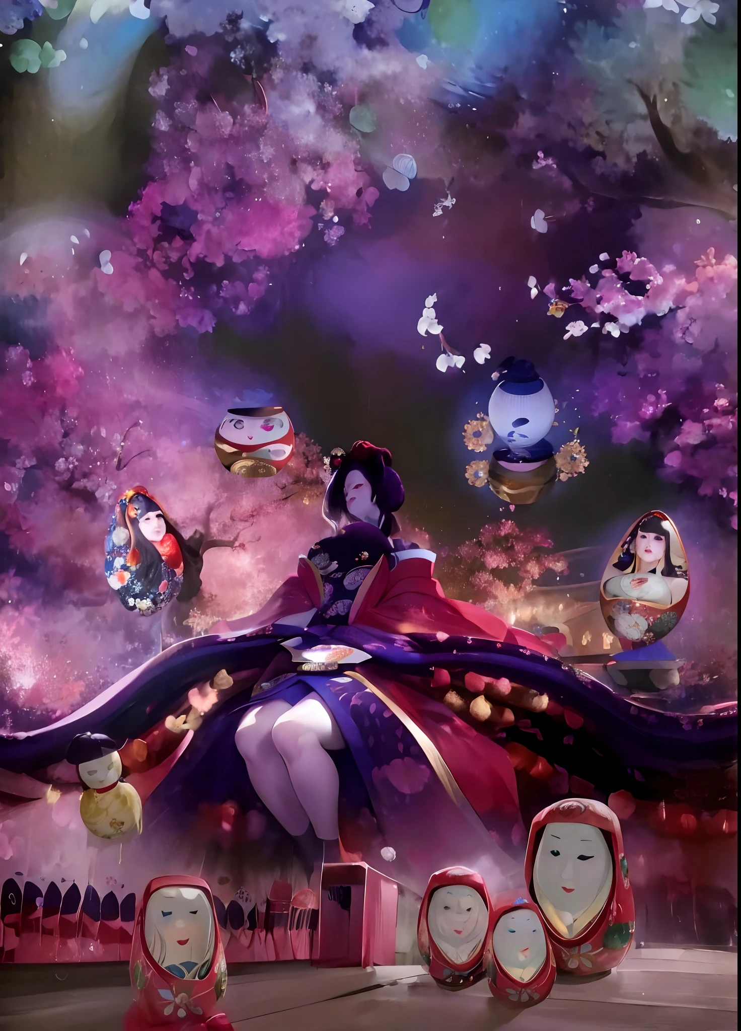 (Masterpiece, Best Quality:1.3), (thick lineart), (faux traditional media), highres, official art, best illustration, (8k resolution), oiran, 1girl, mature female, solo, japanese clothes, from above, breasts, obi, stylish, intricate, fantastic, fairytale, fantasy art, (detailed face), lying on a bed of flowers, on back, (lovely eyes, looking at viewer, lipstick), very long hair, voluminous, low ponytail, depth of field, silhouette, perfect, makeup, lovely, (details:1.2), camellia, various colors, vivid, colorful, shiny, sky, stars, lumen global illumination, (background in the style of Hokusai Katsushika:1.3), water, ripples