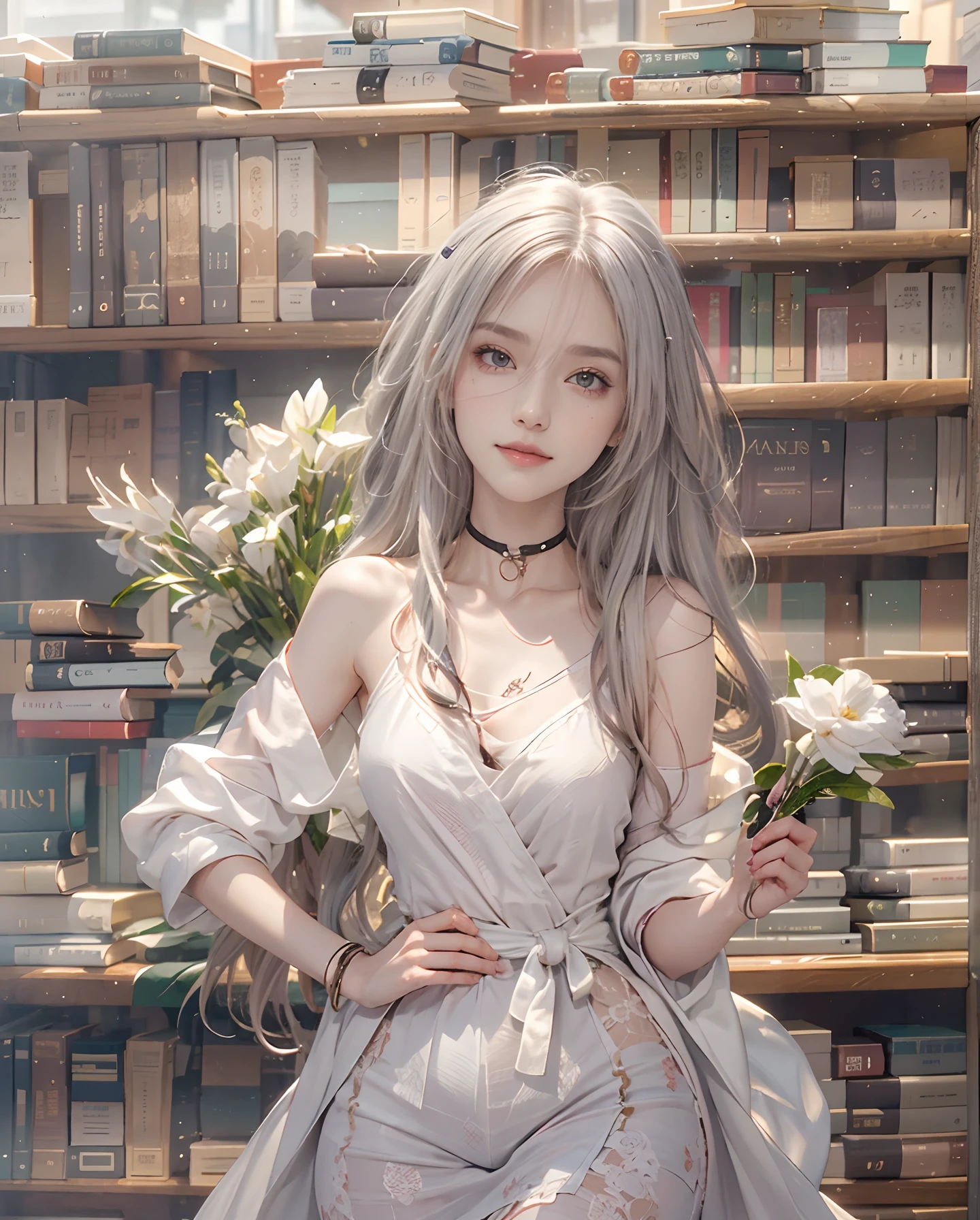 masutepiece、hight resolution、Library Reception、Library staff、scrivener、30-year-old girl、1Girl clerk、Looking at the camera、smil、Finish as shown in the photo、Flowers and girls、the skin is white and beautiful、Hair is long and beautiful、inner colored、Hair should be tied back、A slender