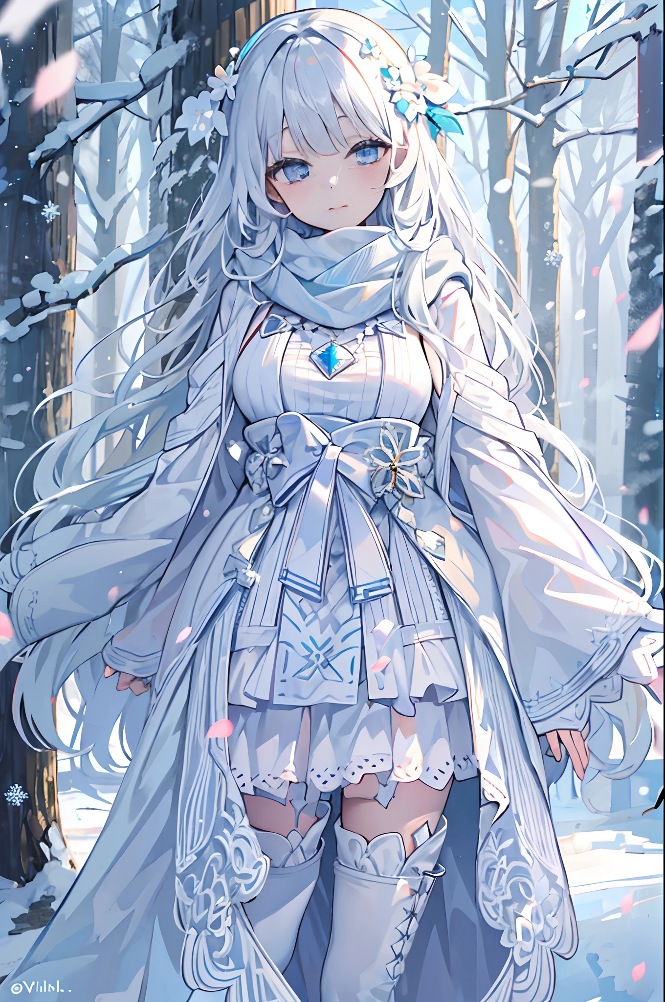 Light blue eyes,Princess cut,whaite hair,White thigh boots,White Gothololita,White over-the-knee stockings,white sash,sweeping bangs,Semi-closed Eyes,Long white scarf,ln the forest,the night,at winter season,bit girl,waiting to start,Look up at the camera