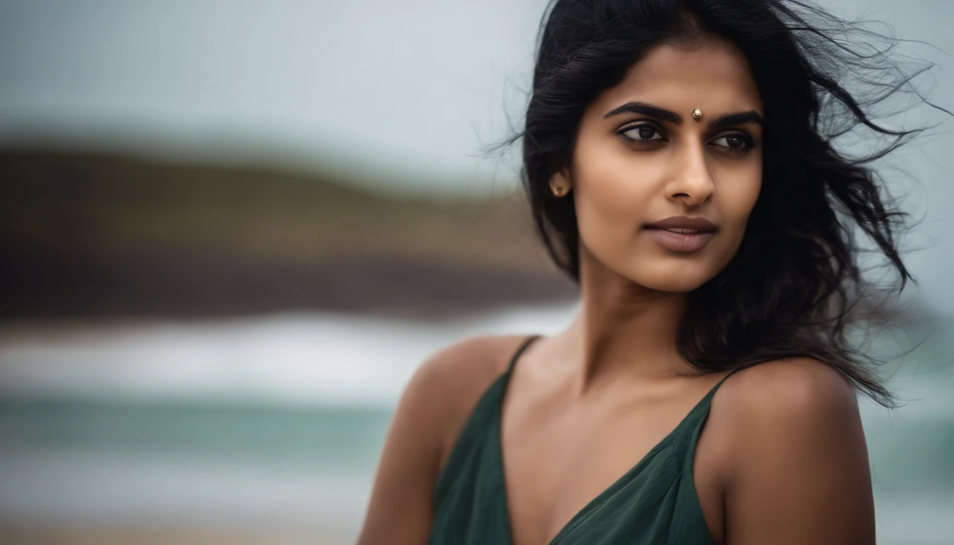 cute and sexy indian girl in a beach, black hair, hair in the wind, visible jawline