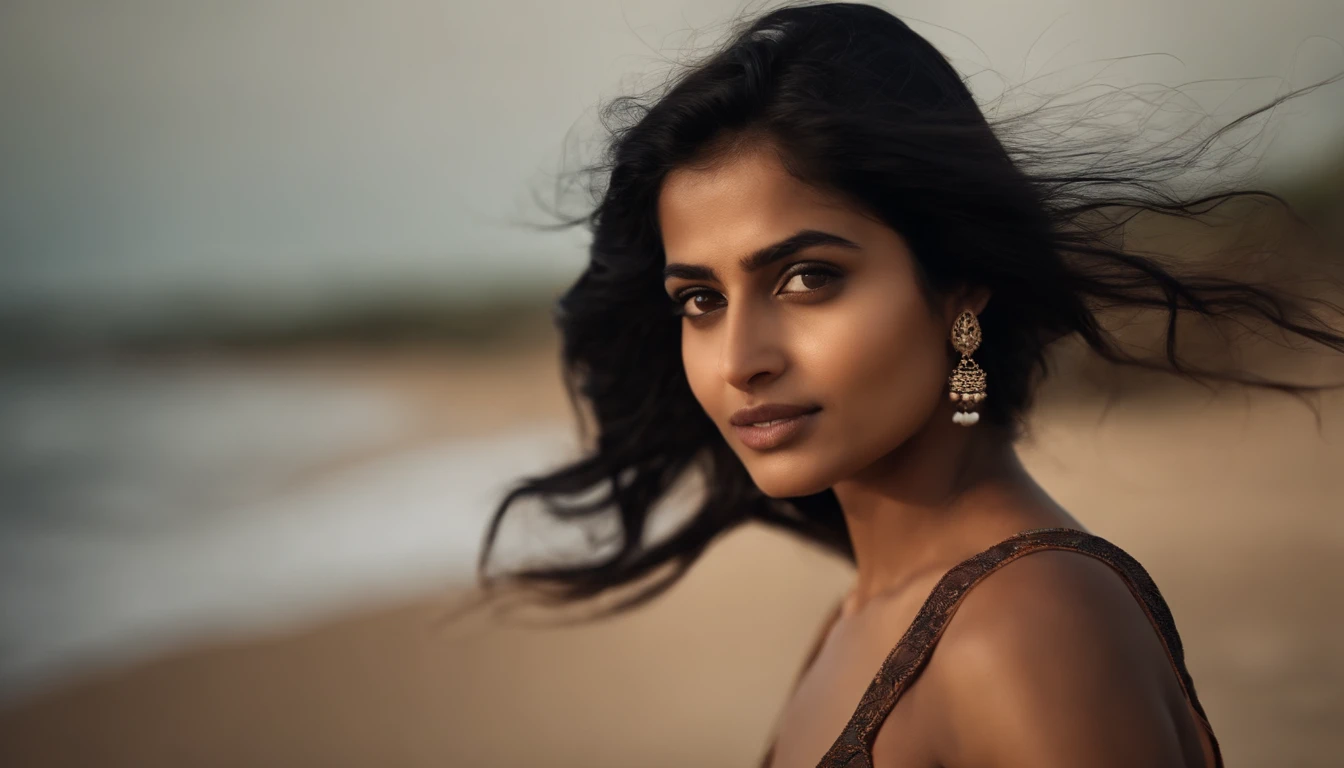 cute and ???? indian girl in a beach, black hair, hair in the wind, visible jawline
