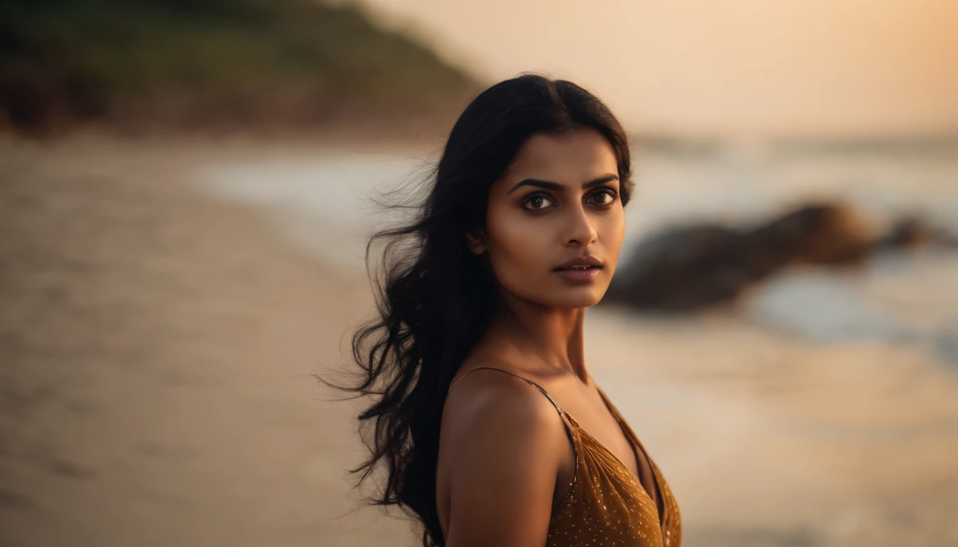 cute and sexy indian girl in a beach, black hair, hair in the wind, visible jawline
