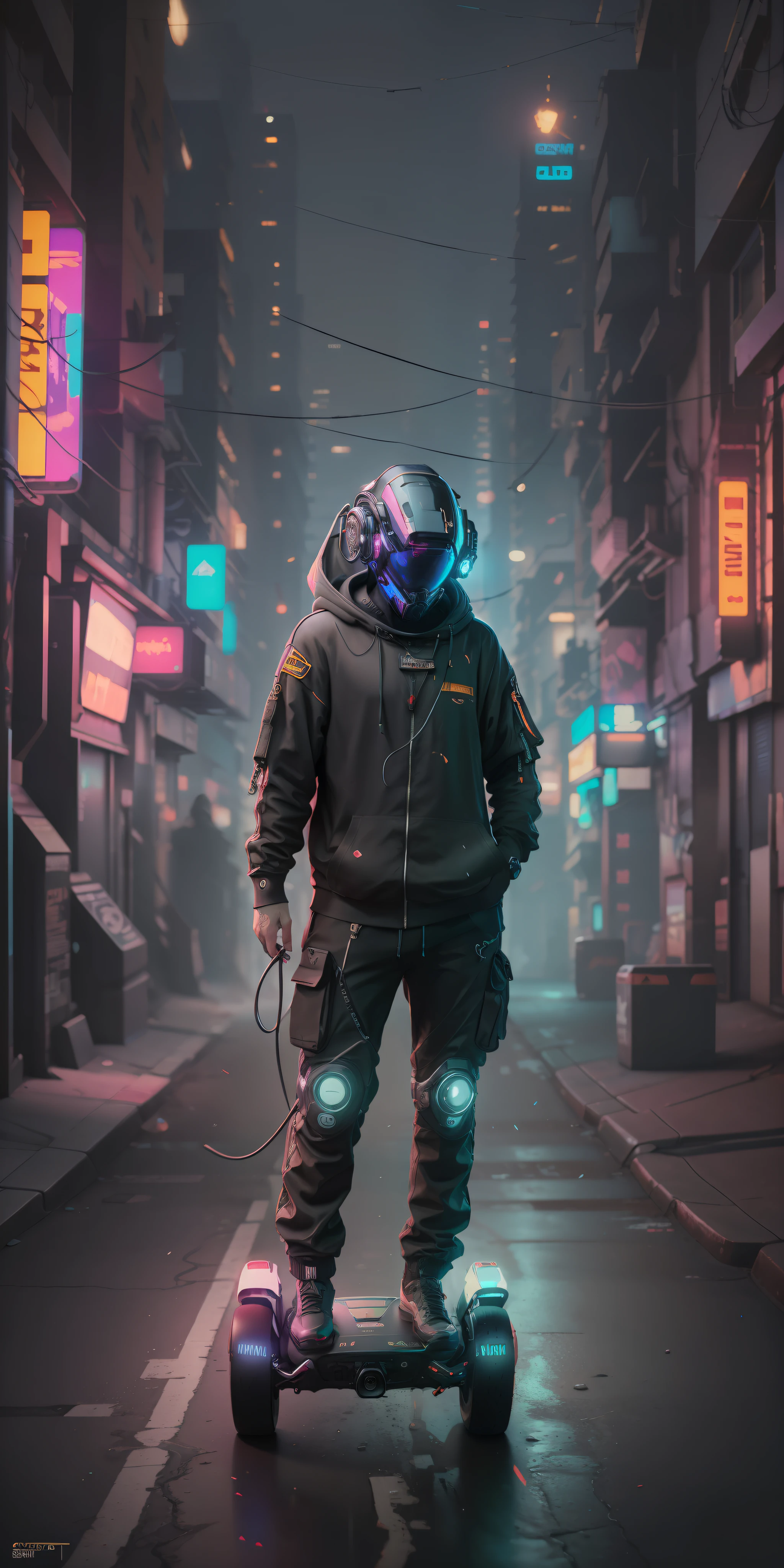 (masterpiece, full body shot, intricate raw photography) Cyberpunk citizen, comfortable oversize black hoodie, black cargo pants, black clothes, dark, wearing a black helmet hitech style Astronaut, intricate, futuristic, advanced technology, dark environment, dramatic, light and shadow, cinematic, action movie, sharpness, random relaxed position, Cyberpunk City, street lights, dark street, night, Insta photo, photo of the year, octane render, substance, Maya 3D, cinema4D, ArtStation Trending, Devian Art Trend, riding hoverboard, graffiti painting