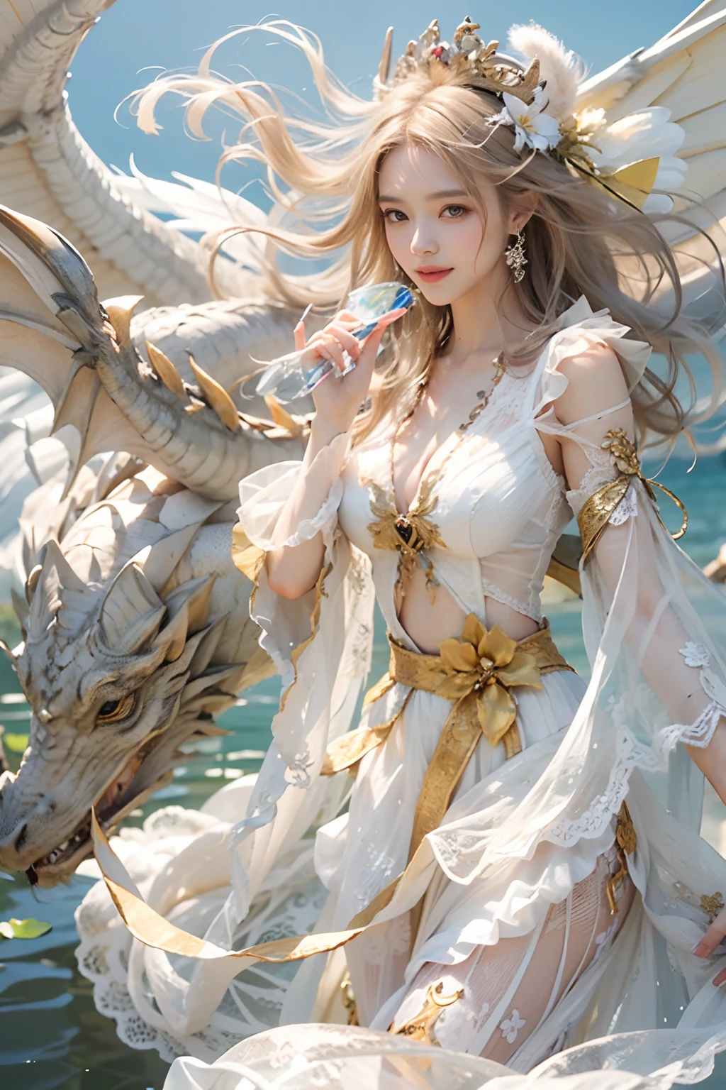Dragons in Chinese mythology,(Portrait of an angel and a dragon god:1.3,)(Sheer and revealing white fluffy outfit:1.3, ),(Angel with glass wings floating above lake:1.3), (A glass dragon protects angels from behind:1.3),shiny light brown and orange striped hair,,,,,,Cute smile,Perfect round face,A cheerful smile that makes the viewer happy,Proper body proportion,masutepiece,Super high-quality output images,hight resolution,Intricate details,Hair fluttering in a very delicate and beautiful wind,photos realistic,Dreamy,Professional Lighting,realistic shadow,Beautiful hands,Beautiful fingers,Detailed finger features,detailed clothes features,Detailed hair features,detailed facial features,