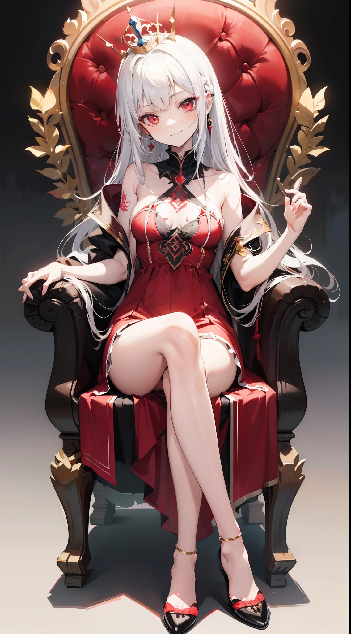young girl, Long white hair, red eyes, Red Futhark Tattoo, smirk, princess dress, small breasts, open breasts, Wide neckline, sitting on the throne, legs crossed, Masterpiece, hiquality, higly detailed, HD, 4k