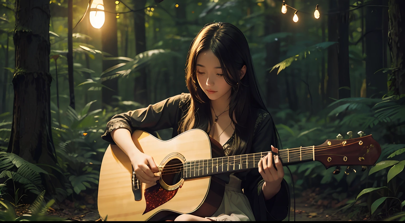 As the night falls, a girl with luscious, long hair sits among the trees, strumming her guitar and creating a symphony with the glowing fireflies that surround her.with detailed guitar string