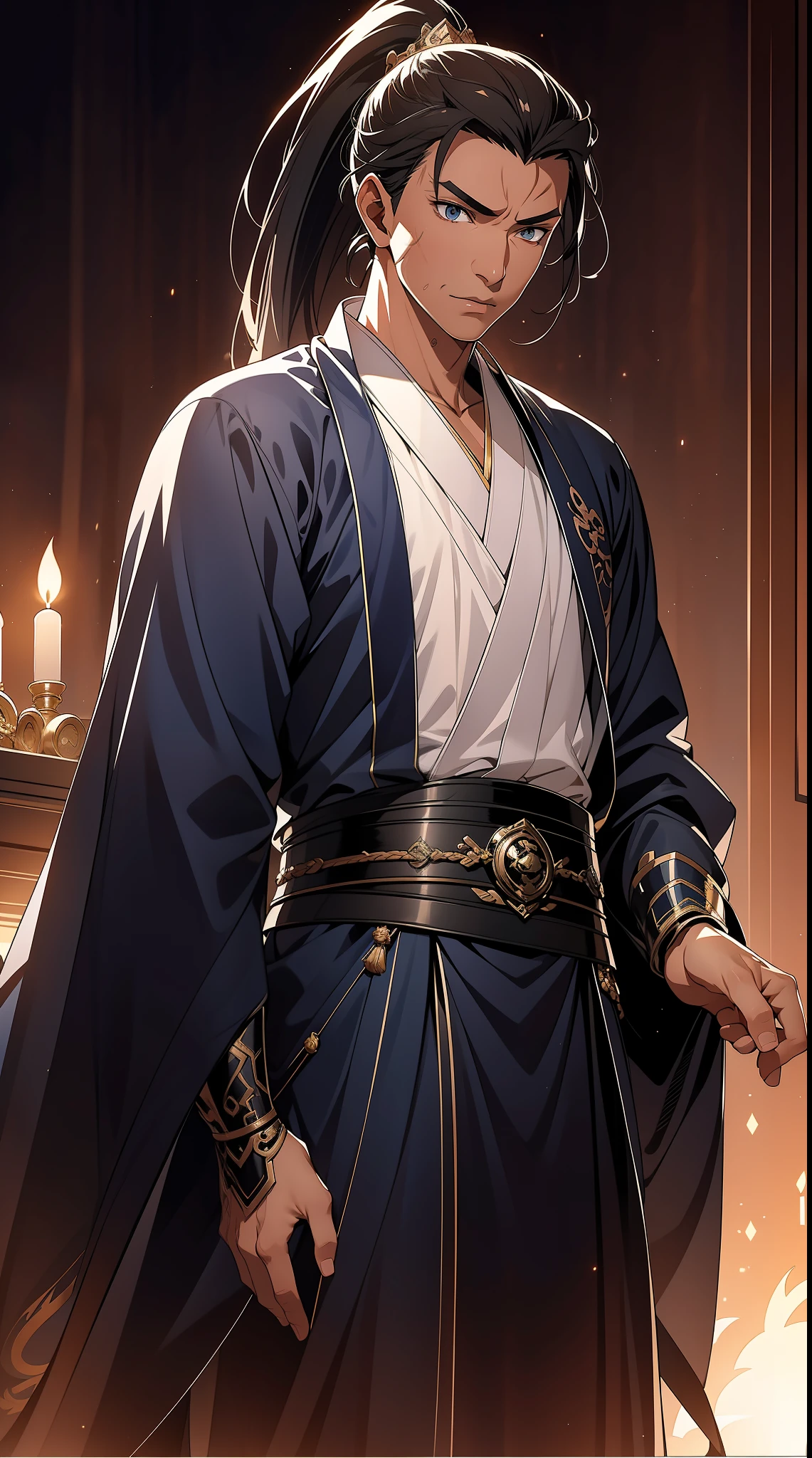 quadratic element，style of anime，mtu（Male Warrior），The proportions are correct，Face details，swordsmen，High ponytail hairstyle，Neck details，There is an Adam's apple，Blue suit，kaftan，long blue robes，clothes details，Handing over，longer sleeves，Game quality，Swordsmanship，Light and shadow tracking，Ray traching，detailed glow，cg render，hair detail，Black long hair，blue colored eyes，Handsome，Handsome，（juvenile sense），Clothing is complicated，Perfectcomposition，Refinement，high qulity，higher details，Lots of details，The background is complex，a sense of atmosphere，