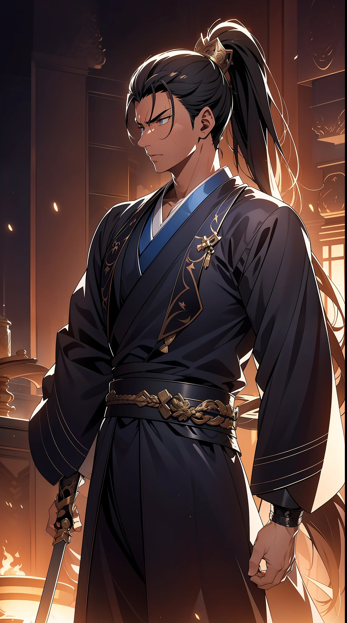 quadratic element,style of anime,mtu(Male Warrior),The proportions are correct,Face details,swordsmen,High ponytail hairstyle,Neck details,There is an Adam's apple,Blue suit,kaftan,long blue robes,clothes details,Handing over,longer sleeves,Game quality,Swordsmanship,Light and shadow tracking,Ray traching,detailed glow,cg render,hair detail,Black long hair,blue colored eyes,Handsome,Handsome,(juvenile sense),Clothing is complicated,Perfectcomposition,Refinement,high qulity,higher details,Lots of details,The background is complex,a sense of atmosphere,