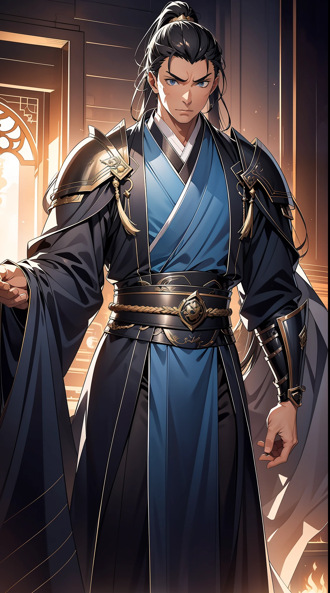 quadratic element，style of anime，mtu（Male Warrior），The proportions are correct，Face details，swordsmen，High ponytail hairstyle，Neck details，There is an Adam's apple，Blue suit，kaftan，long blue robes，clothes details，Handing over，longer sleeves，Game quality，Swordsmanship，Light and shadow tracking，Ray traching，detailed glow，cg render，hair detail，Black long hair，blue colored eyes，Handsome，Handsome，（juvenile sense），Clothing is complicated，Perfectcomposition，Refinement，high qulity，higher details，Lots of details，The background is complex，a sense of atmosphere，