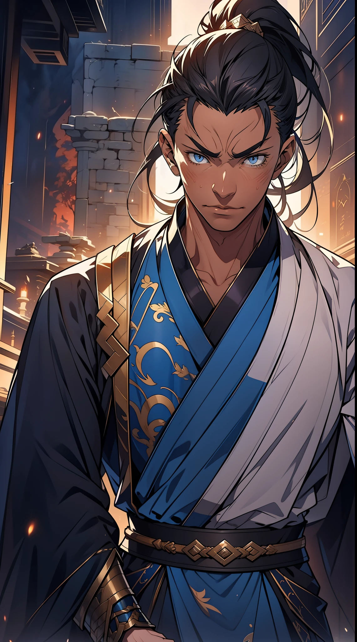 quadratic element，style of anime，mtu（Male Warrior），The proportions are correct，Face details，swordsmen，High ponytail hairstyle，Neck details，There is an Adam's apple，Blue suit，kaftan，long blue robes，clothes details，Handing over，longer sleeves，Game quality，Swordsmanship，Light and shadow tracking，Ray traching，detailed glow，cg render，hair detail，Black long hair，blue colored eyes，Handsome，Handsome，（juvenile sense），Clothing is complicated，Perfectcomposition，Refinement，high qulity，higher details，Lots of details，The background is complex，a sense of atmosphere，