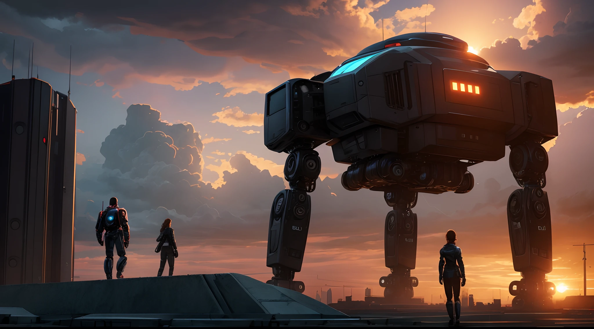 A sci-fi city surrounded by dark clouds at sunset ，Half-human, half-mechanical woman vs robot dog