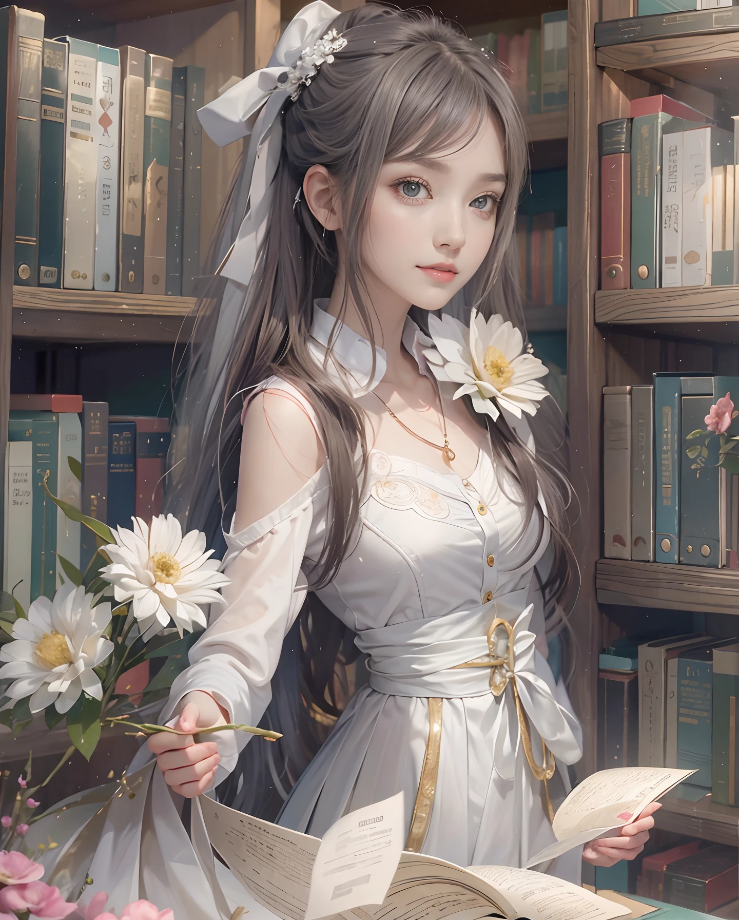 masutepiece、hight resolution、Library Reception、Library staff、scrivener、30-year-old girl、1Girl clerk、Looking at the camera、smil、Finish as shown in the photo、Flowers and girls、the skin is white and beautiful、Hair is long and beautiful、inner colored、Hair should be tied back、A slender、legs are thin and beautiful