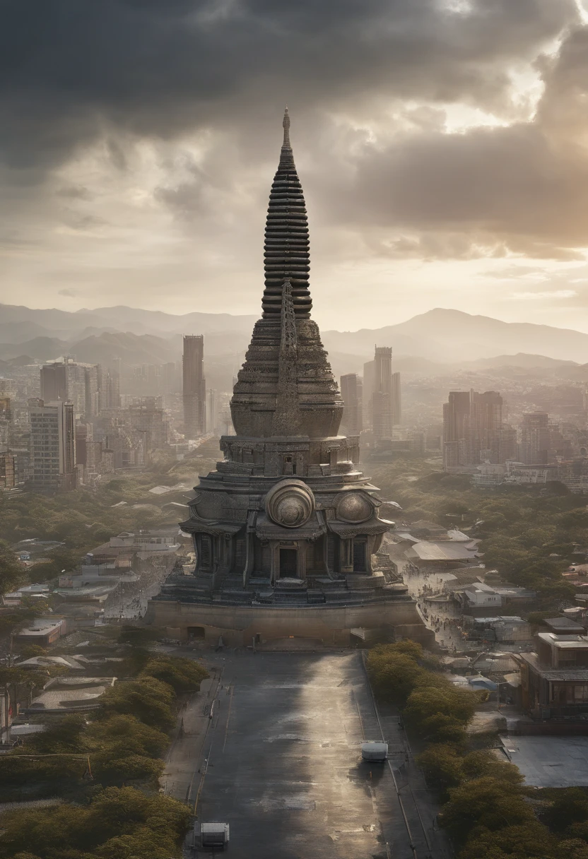 (The upper body of a giant tall Buddha statue in the distance:1.5,),(race
Bopunk city background:1.2),(真实感:1.4),(best qualtiy:1.0),(Super high ratings:1.0),8K, RAW photos,(tmasterpiece:0.2),ultra - detailed,(Pilgrims on the road:0.8)