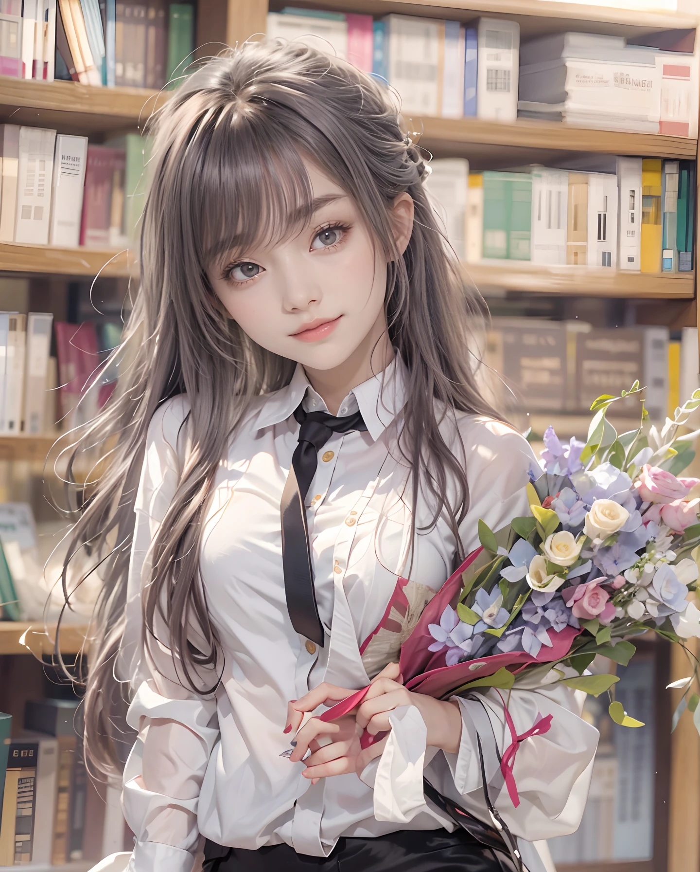 masutepiece、hight resolution、Library Reception、Library staff、scrivener、30-year-old girl、1Girl clerk、Looking at the camera、smil、Finish as shown in the photo、Flowers and girls、the skin is white and beautiful、Hair is long and beautiful、inner colored、Hair should be tied back、A slender、Paws are thin and beautiful