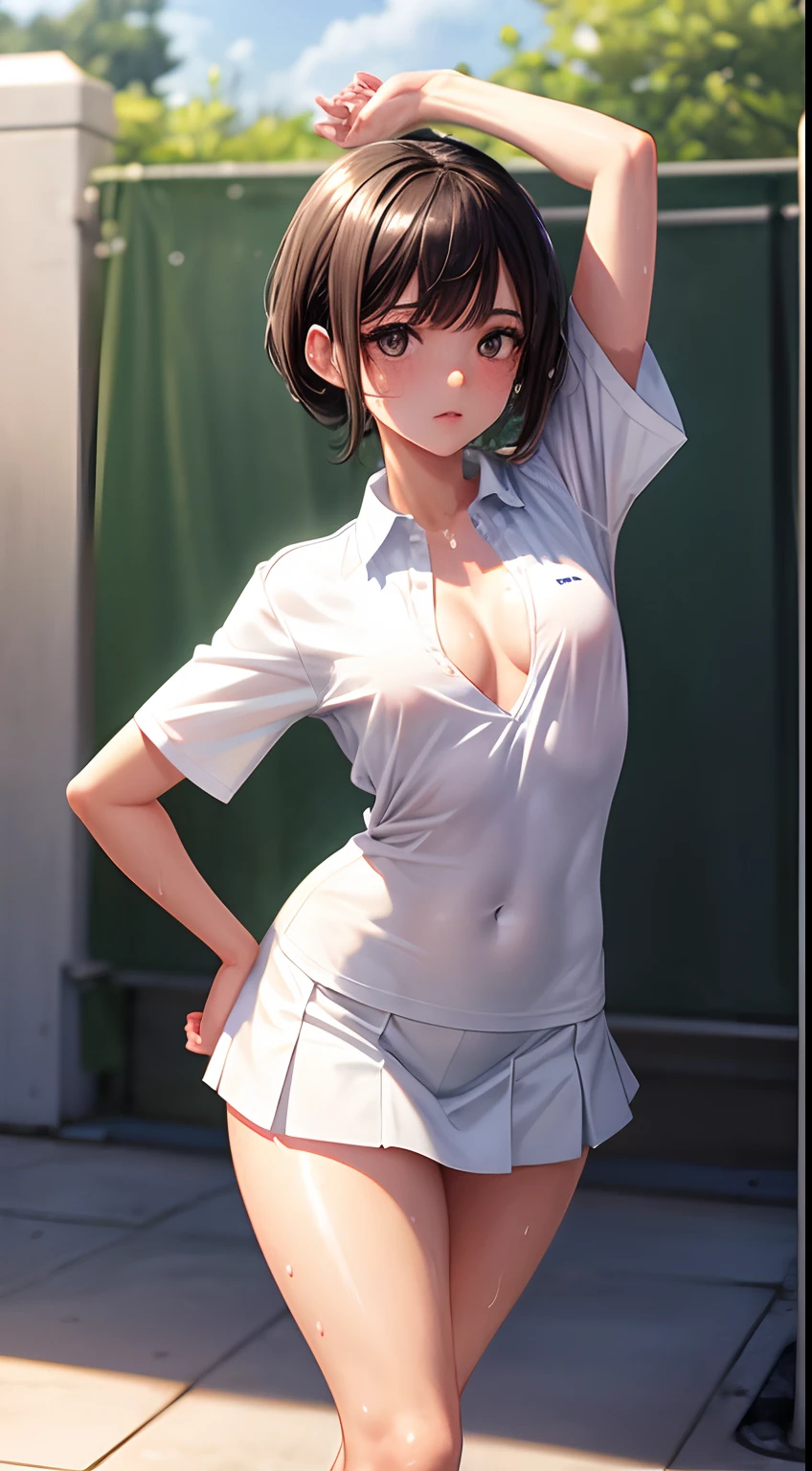 1girl, solo, white polo shirt, white sneakers, tennis wear, white miniskirt, masterpiece, best quality, realistic, hyper-detailed, (shiny skin, sweaty:1.4), absurd, looking at viewer, short black hair, brown eyes, slender, dynamic lighting, high resolution, sharp focus, depth of field, detailed eyes, sharp pupils, realistic pupils, (small breasts:1.6), (thick thighs:1.0), outdoor, sky