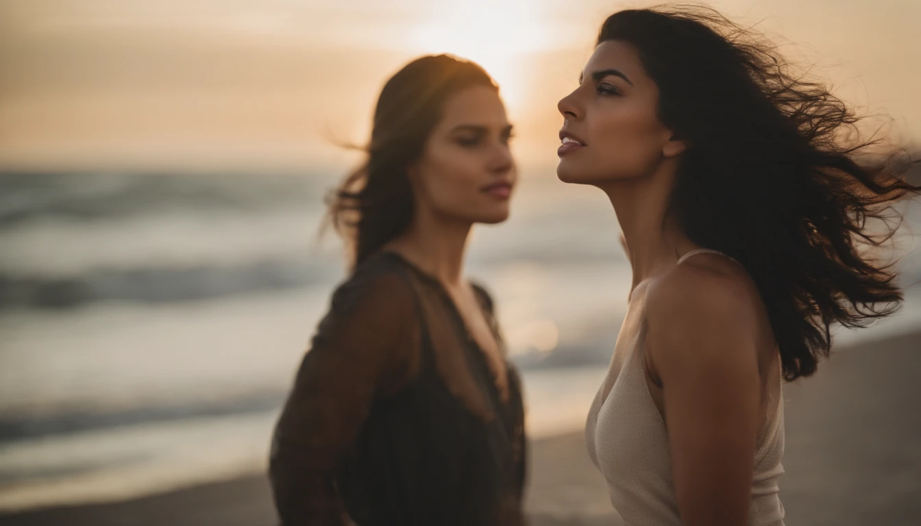 cute and sexy Hispanic girl at the beach, black hair, hair in the wind, visible jawline, posing