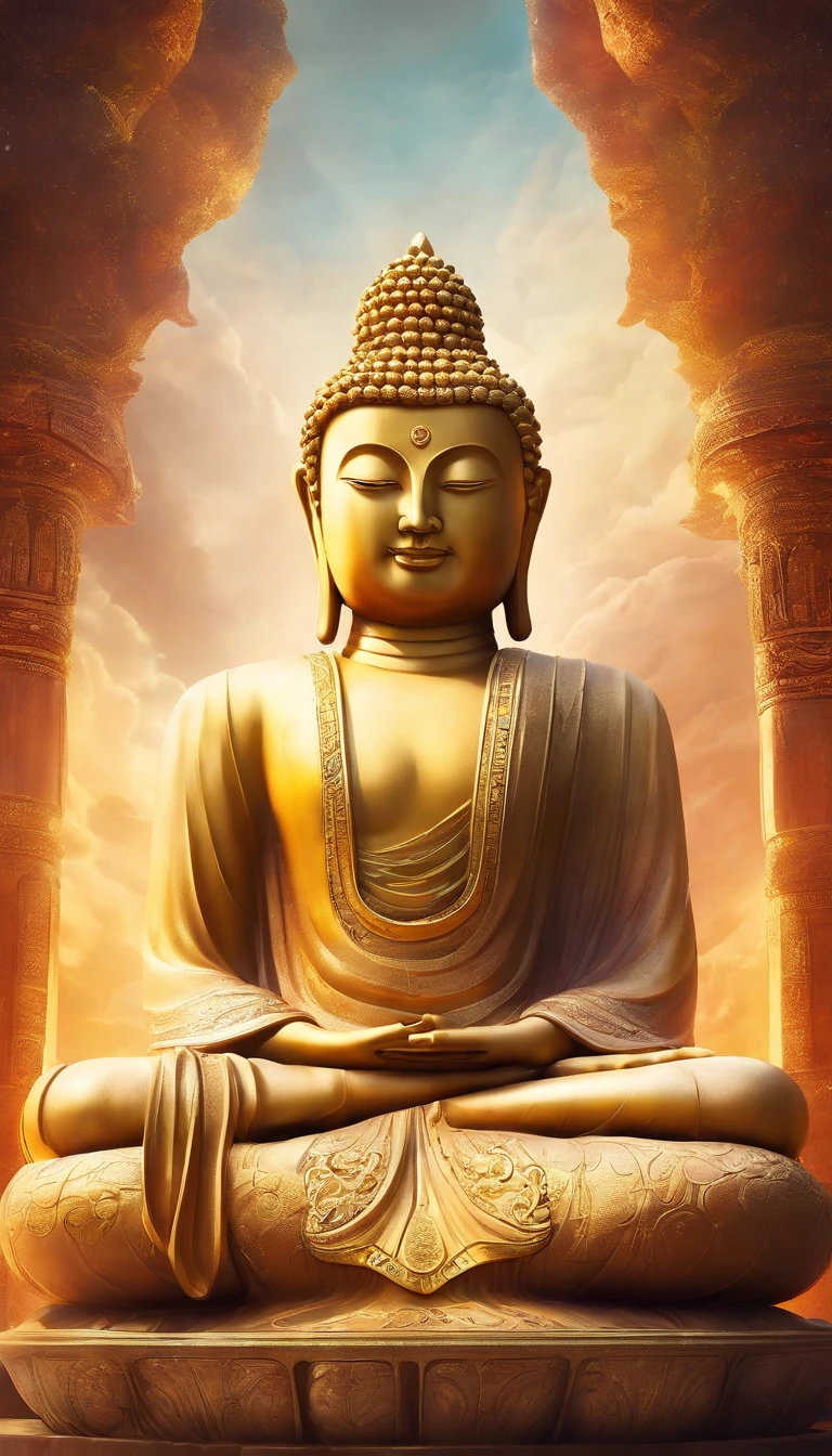 Huge Buddha statue, stone statue, Texture, tall, An majestic, The background is illuminated by sunlight，Inverted image，Lateral face，Pilgrims on the road