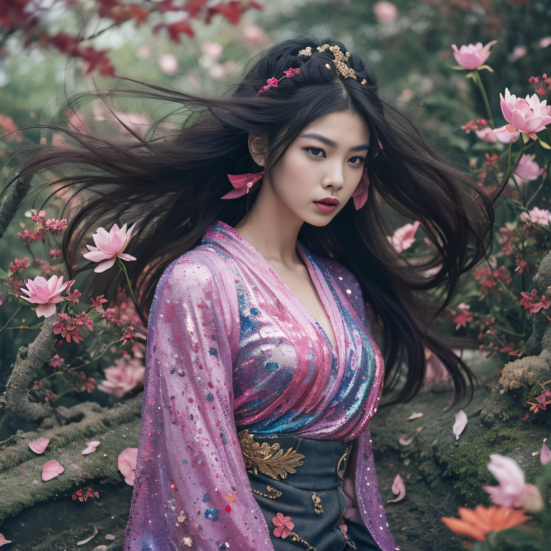 Gold backstop 32K(tmasterpiece,k hd,hyper HD,32K)Long flowing black hair,ponds,zydink, a color, Aozhou people (Concubine girl), (Purple silk scarf), Combat posture, looking at the ground, long whitr hair, Floating hair, Carp pattern headdress, Chinese long-sleeved clothing, (Abstract gouache splash:1.2), Pink petal background,Pink and white lotus flowers fly(realisticlying:1.4),Black color hair,Fallen leaves flutter,The background is pure, A high resolution, the detail, RAW photogr, Sharp Re, Nikon D850 Film Stock Photo by Jefferies Lee 4 Kodak Portra 400 Camera F1.6 shots, Rich colors, ultra-realistic vivid textures, Dramatic lighting, Unreal Engine Art Station Trend, cinestir 800,Long flowing black hair,Denim skirt