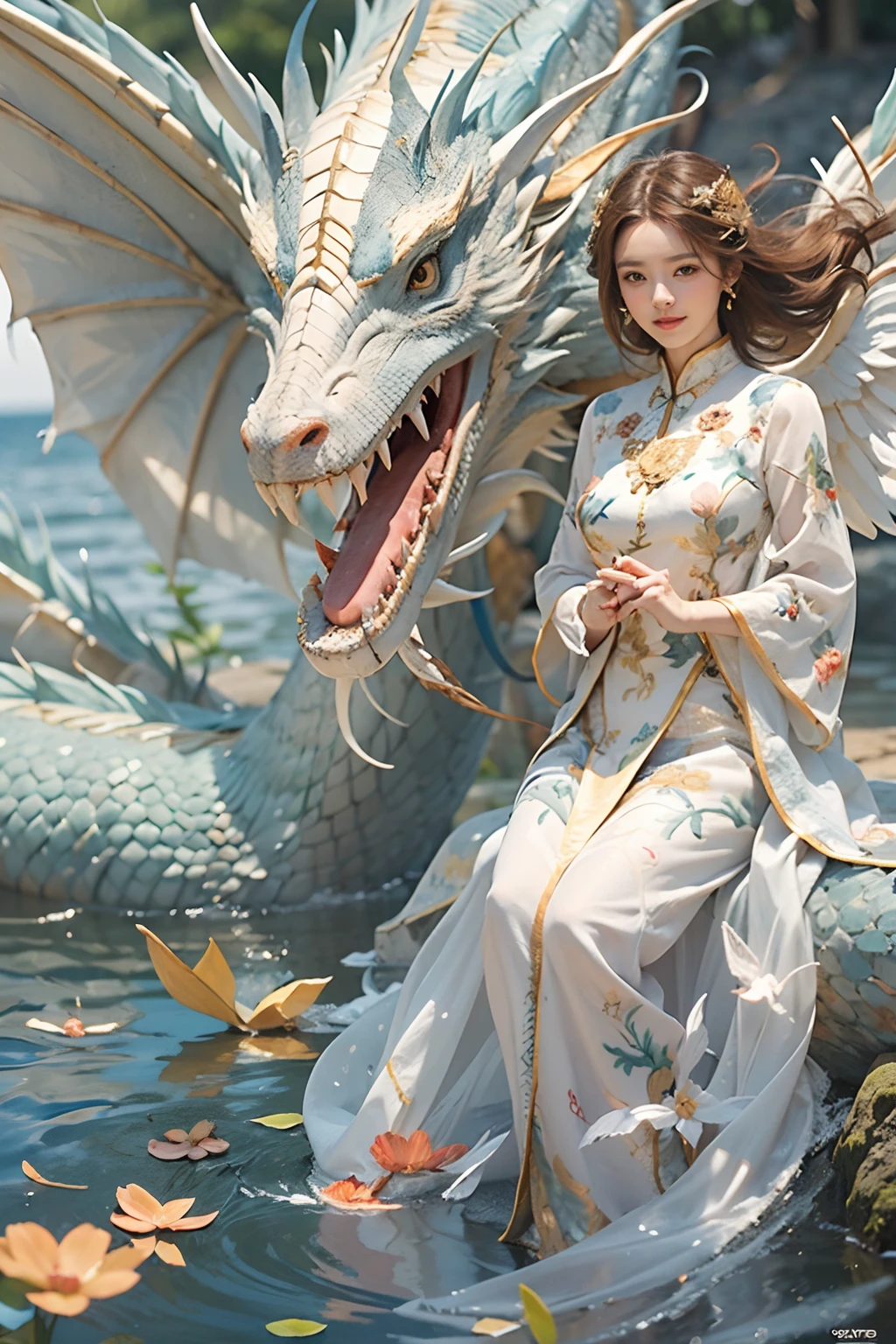 Dragons in Chinese mythology,(Portrait of an angel and a dragon god:1.3,)(Sheer and revealing white fluffy outfit:1.3, ),(Angel with glass wings floating above lake:1.3), (A glass dragon protects angels from behind:1.3),shiny light brown and orange striped hair,,,Cute smile,Perfect round face,A cheerful smile that makes the viewer happy,Proper body proportion,masutepiece,Super high-quality output images,hight resolution,Intricate details,Hair fluttering in a very delicate and beautiful wind,photos realistic,Dreamy,Professional Lighting,realistic shadow,Beautiful hands,Beautiful fingers,Detailed finger features,detailed clothes features,Detailed hair features,detailed facial features,