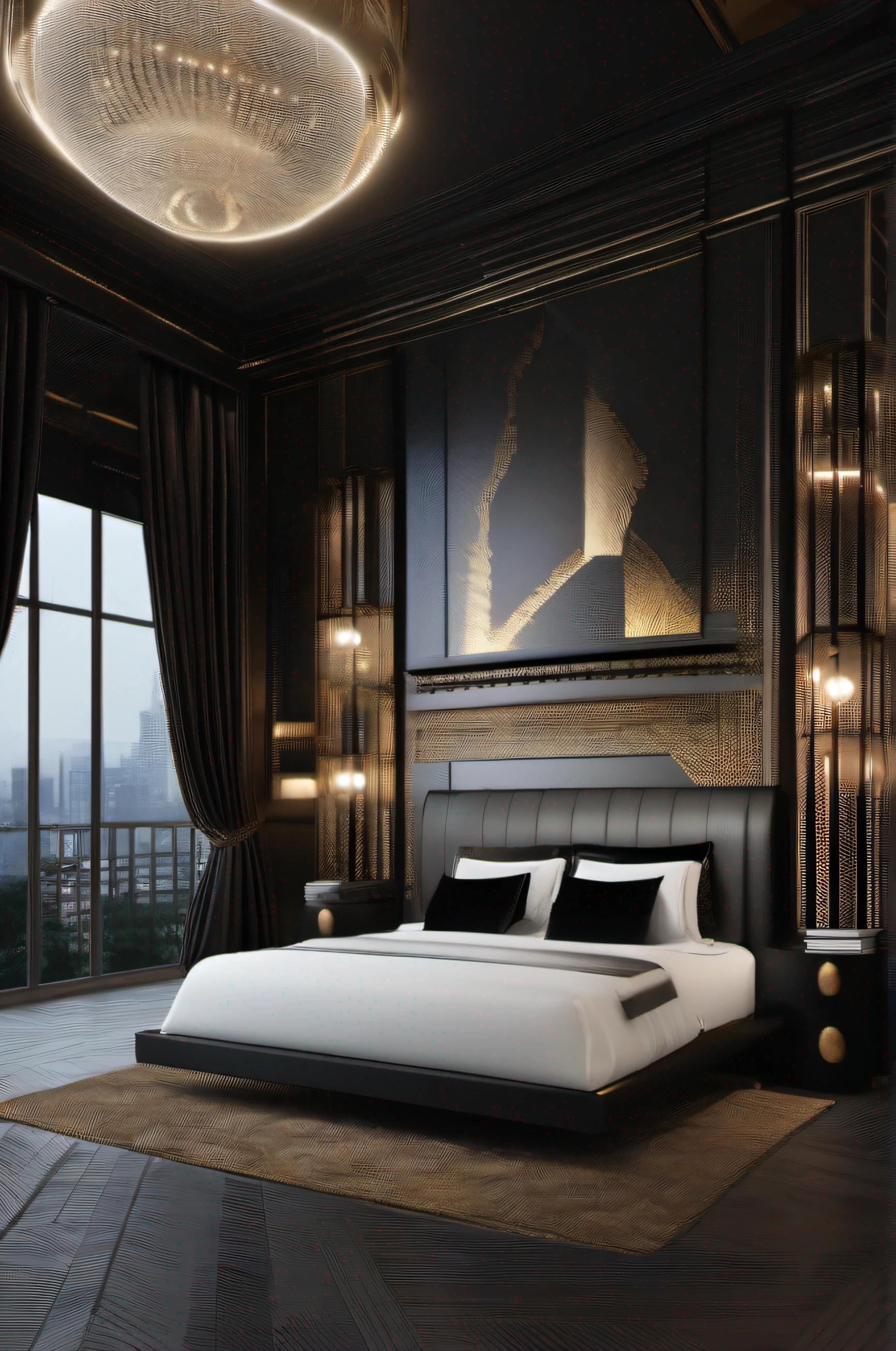 arafed bedroom with a large bed and a large window, white gold black, all black matte product, nouveau, intense contrast, deep black, harmony black room, p. j. n, ultra realistic”, ultra realistic ”, darker, dark bedroom, decadent, pitch black room, dimly lit bedroom, intense, black show room, un made bed, sky scraper view