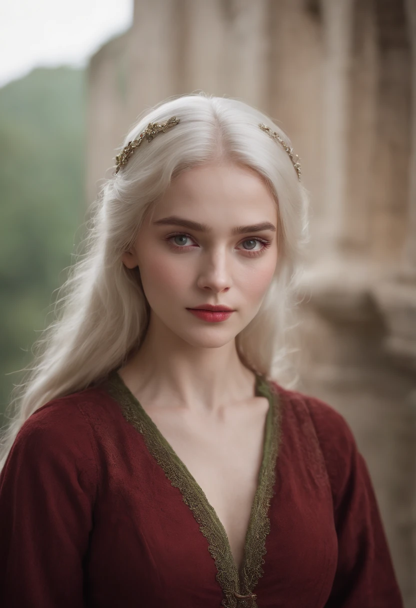 (((a deep reddish wound crosses her left cheek))) fair complexion, woman around 19 years old, natural white hair, distinctive green eyes, wearing kohl, slender and graceful, beautiful, candlelight in a medieval setting, ultra sharp focus, realistic shot, medieval female clothes, tetradic colors (scar:1.4)