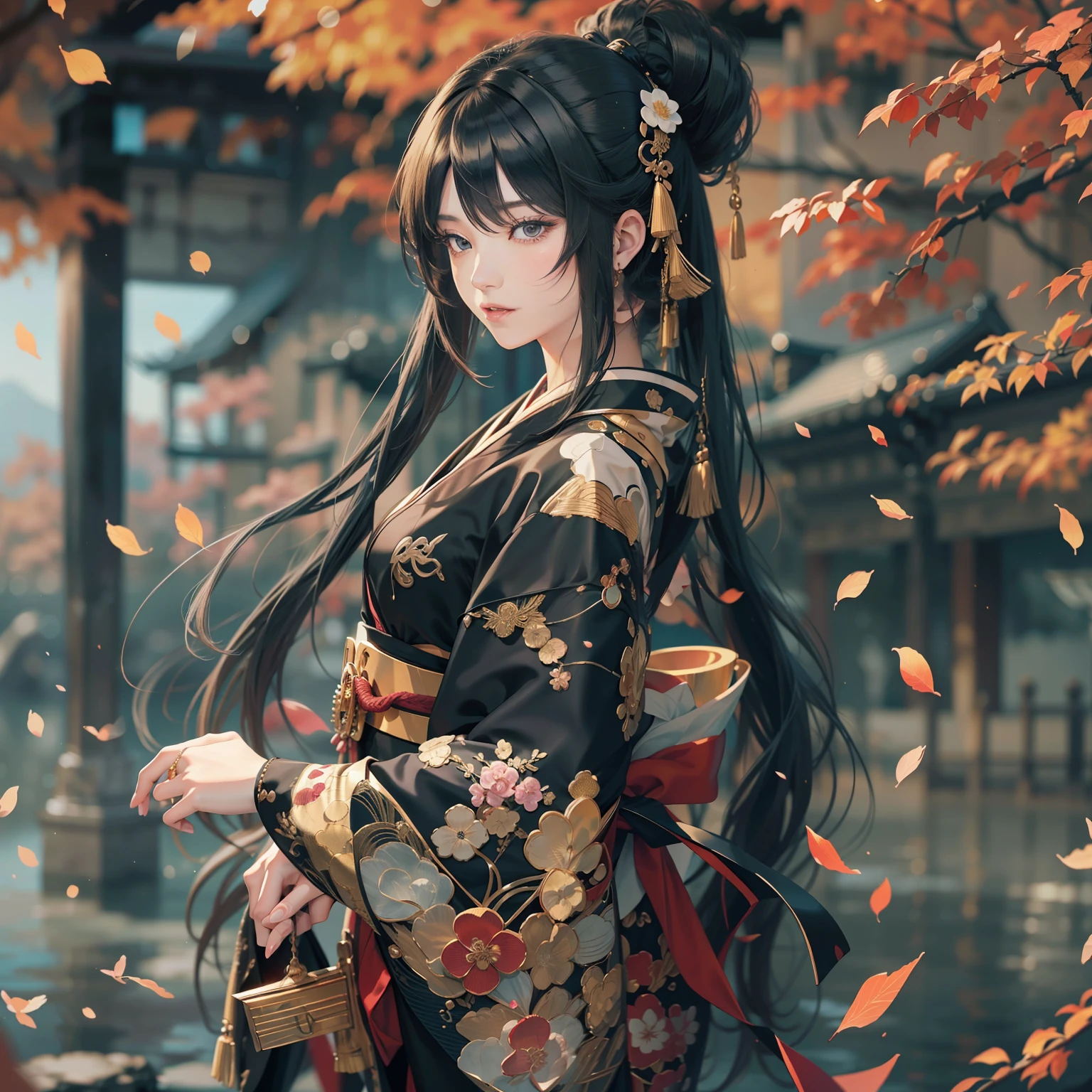 Season　autumnal、watching at viewers、Ancient capital and moon in the background、poneyTail、Woman with shiny black hair、{{{Luxury kimono(Black kimono(Detailed golden embroidery,))}}}、face perfect,Depict a beautiful and graceful woman of Japan。Heart in the eye。full body Esbian。 Beautiful anime art wallpaper 8k, beautiful fantasy anime, Beautiful anime, Detailed anime artwork.Blur the background with a sickle,((masutepiece)), ((Best Quality))