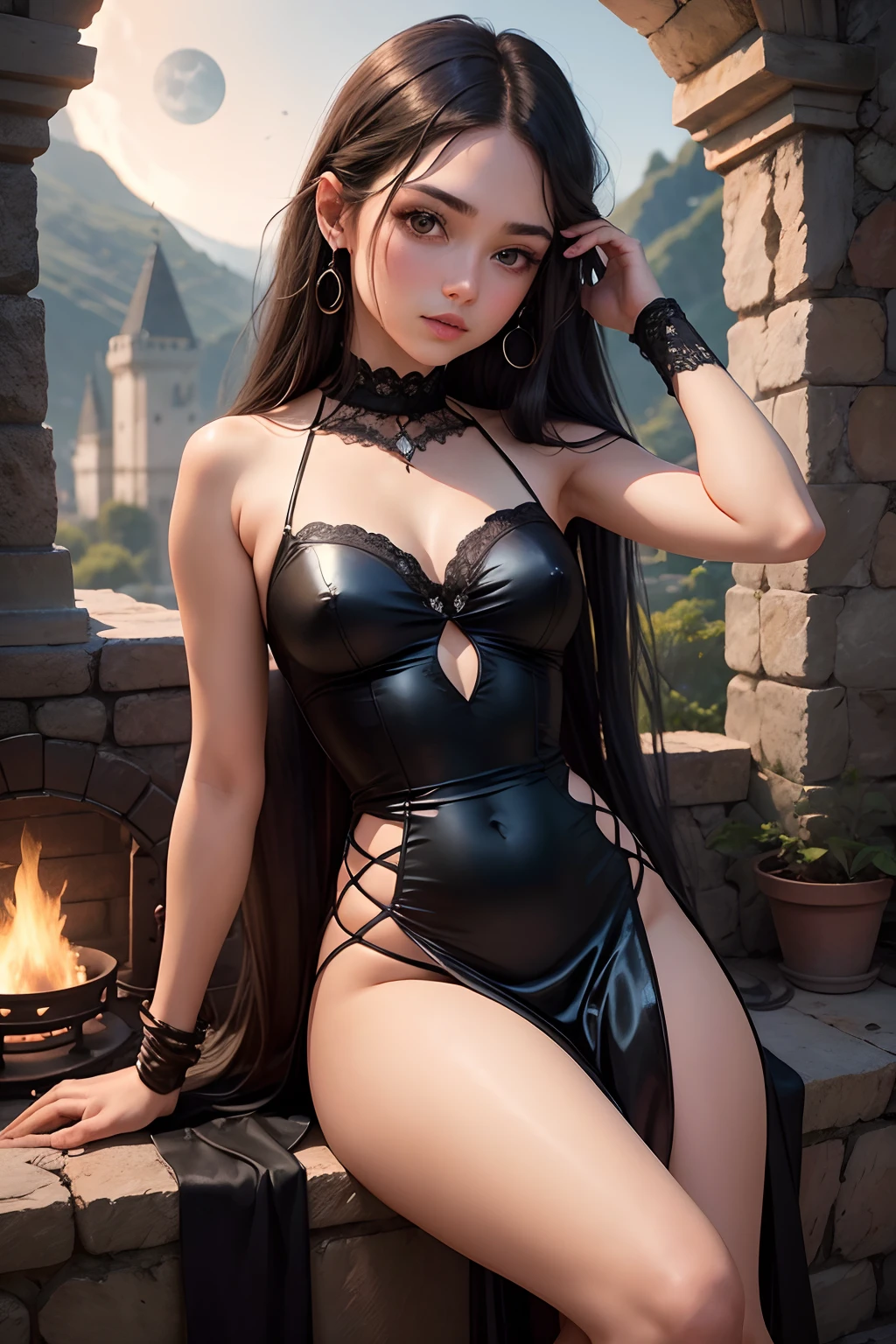 1girl, muy hermosa, piel suave y cuerpo esbelto, largo cabello verde, ojos rojos, vestido largo de terciopelo negro, diamantes, frente a una chimenea en un lujoso castillo, luna llena