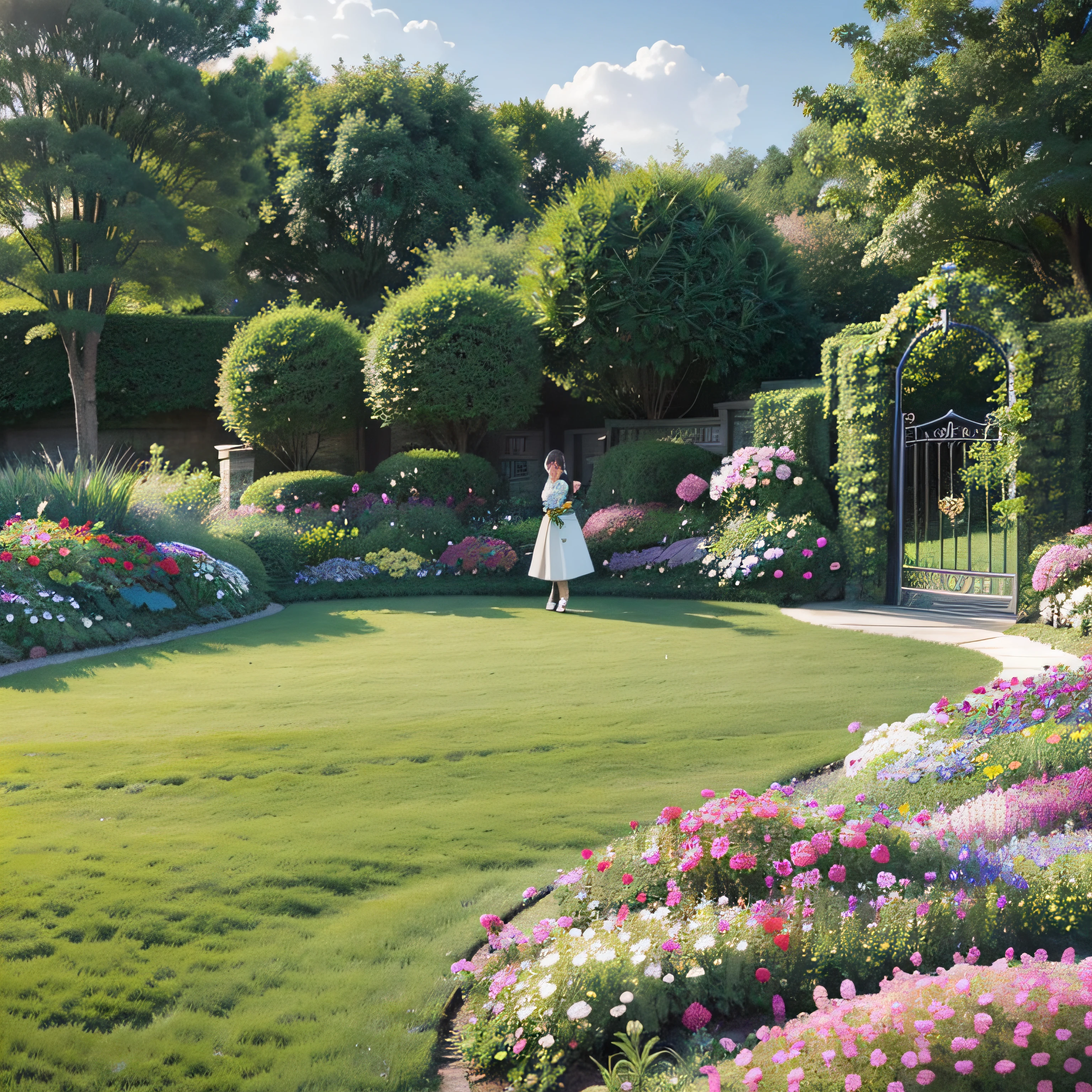 1 woman、There is a green lawn with a gate and flowers in the middle, lush garden in the background, In lush lawns, Lush lawn, Garden landscape, Beautiful garden on the background, garden environment, Around the lush gardens, Idyllic backyard setting, parks and gardens, garden with flowers, green grass々and green, Beautiful English Garden, Garden background, lawn, vibrant greenery outside, landscaped gardens