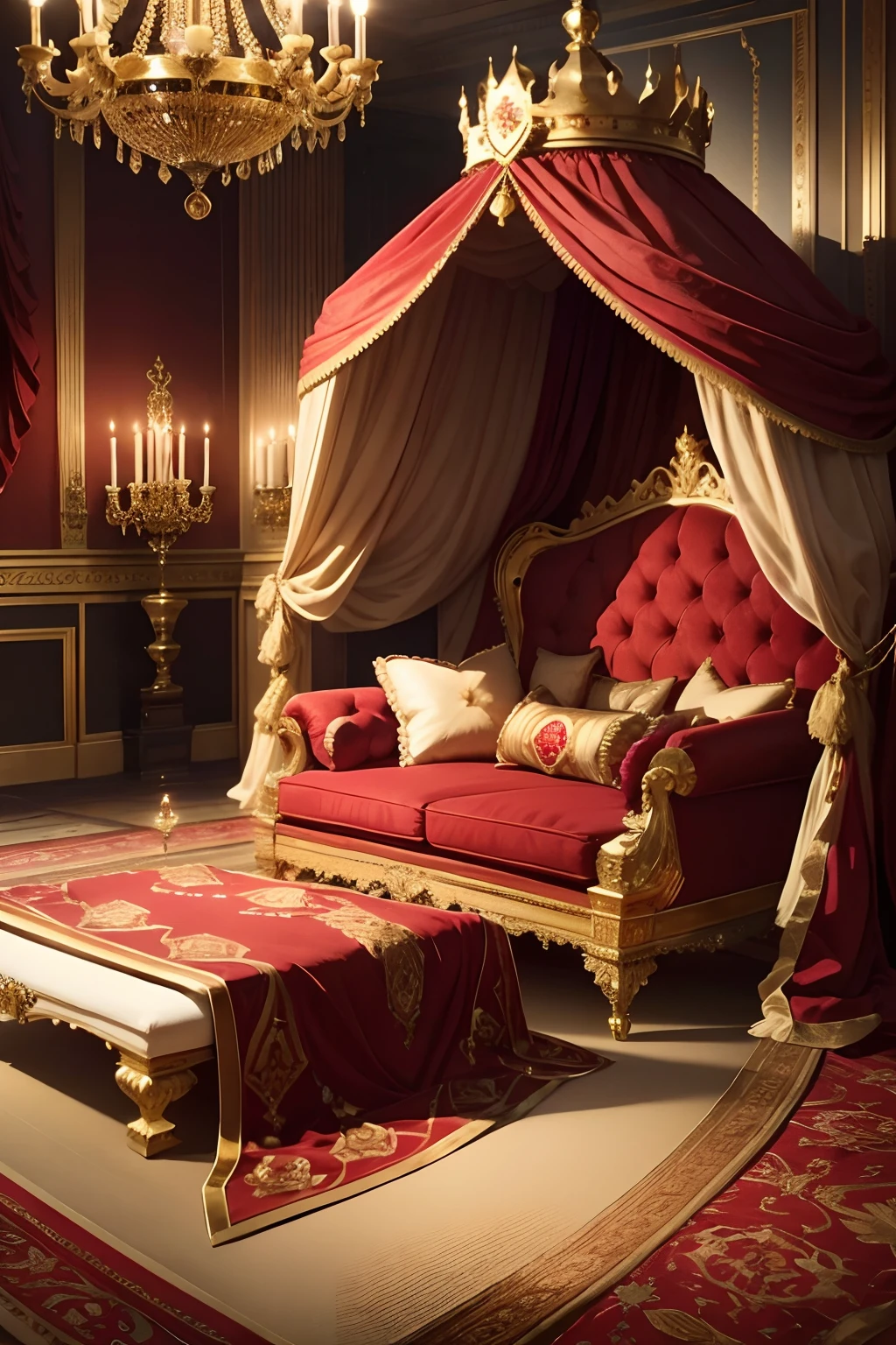 1 gold crown decorated with rubies, diamantes y zafiros, resting on a red velvet cushion embroidered in gold, sobre una mesa de madera decorada, chandelier and fireplace lighting, castillo imperial