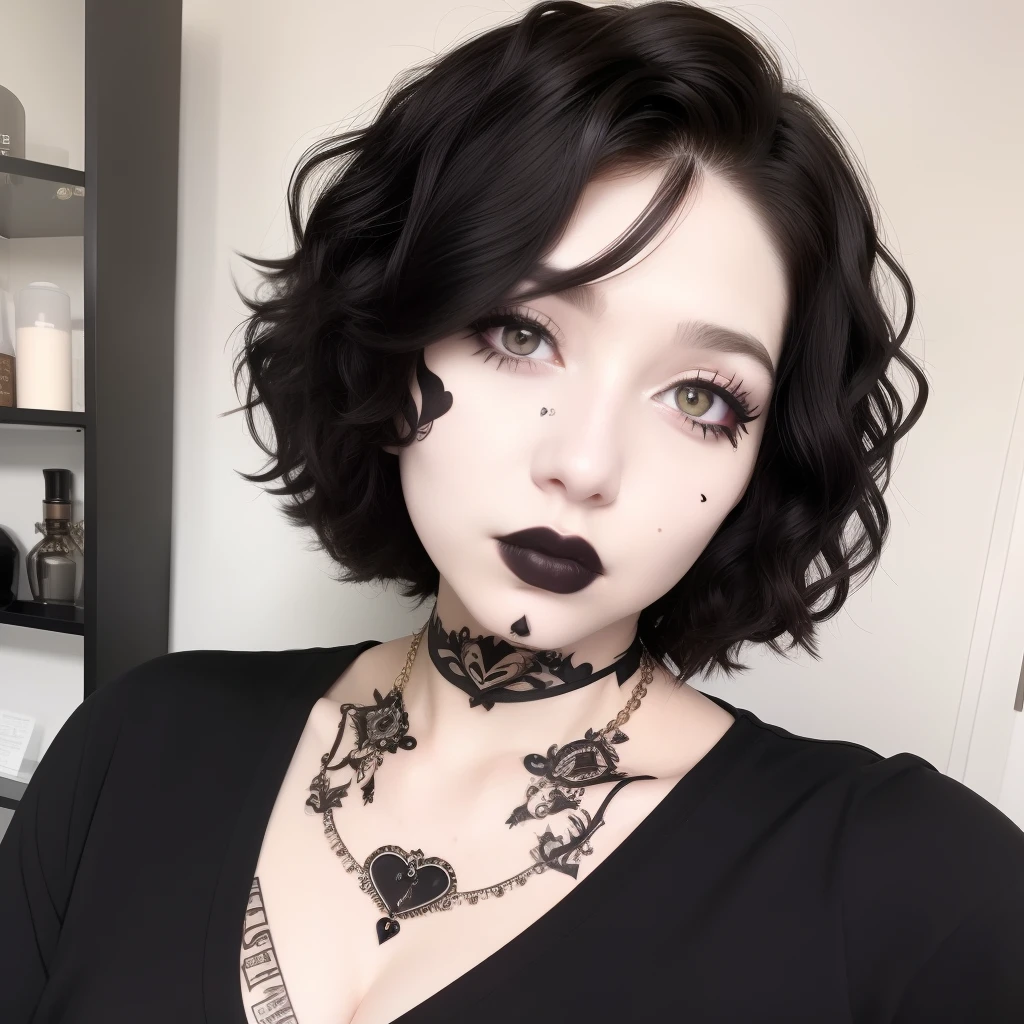 Best quality, masterpiece, super high resolution, (realism: 1.4), face tattoo of a heart, black curly hair, short hair, pale skin, bedhead, goth, happy