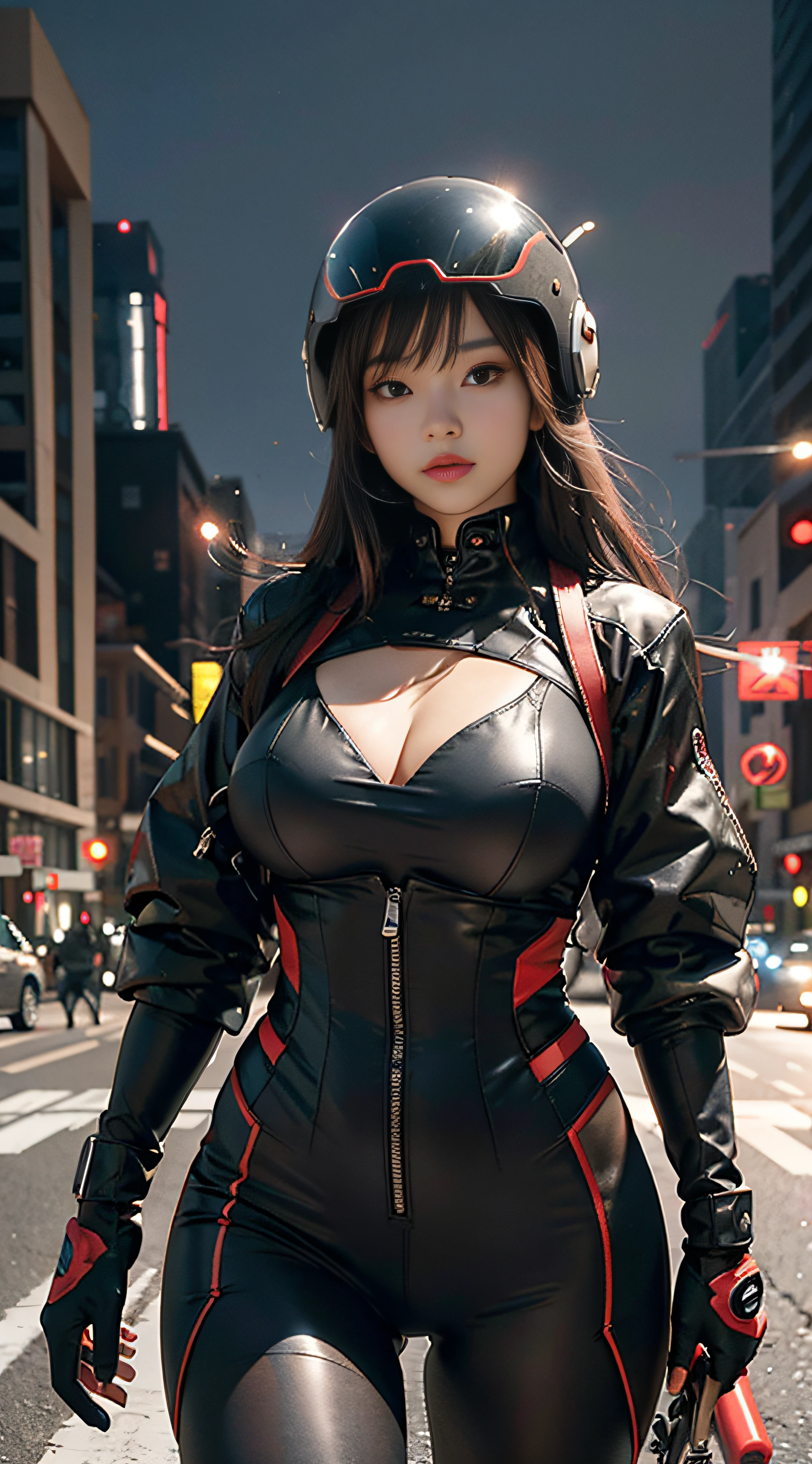 The highest image quality，Excellent detail，超高分辨率，（真实感：1.4），The best illustrations，Favor detail，Highly concentrated 1girl，exquisite and beautiful face，huge boob，The upper body is dressed in black and red tights，There is no opening in the chest，wearing a mech helmet，Hold the direction controller，riding a motorcycle，the background is a high-tech lighting scene of the city of the future。