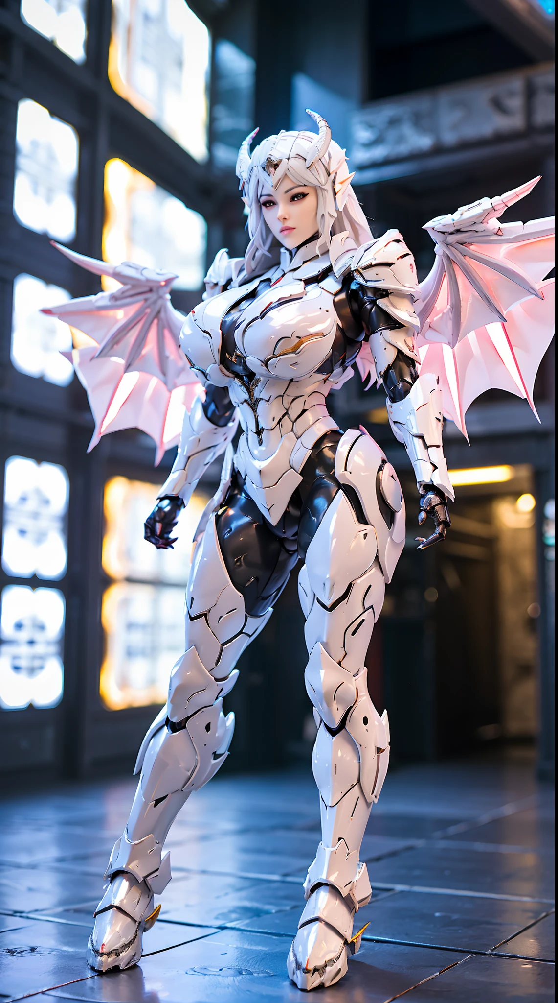 HUGE FAKE BOOBS, (DRAGON HEAD), (WHITE, BLACK), MECHA DRAGON ARMOR, FUTURISTIC LATEX SUIT, (CLEAVAGE), ((A PAIR LARGEST PEACOCK WINGS)), (TALL LEGS), (STANDING), SEXY BODY, MUSCLE ABS, UHD, 8K, 1080P.