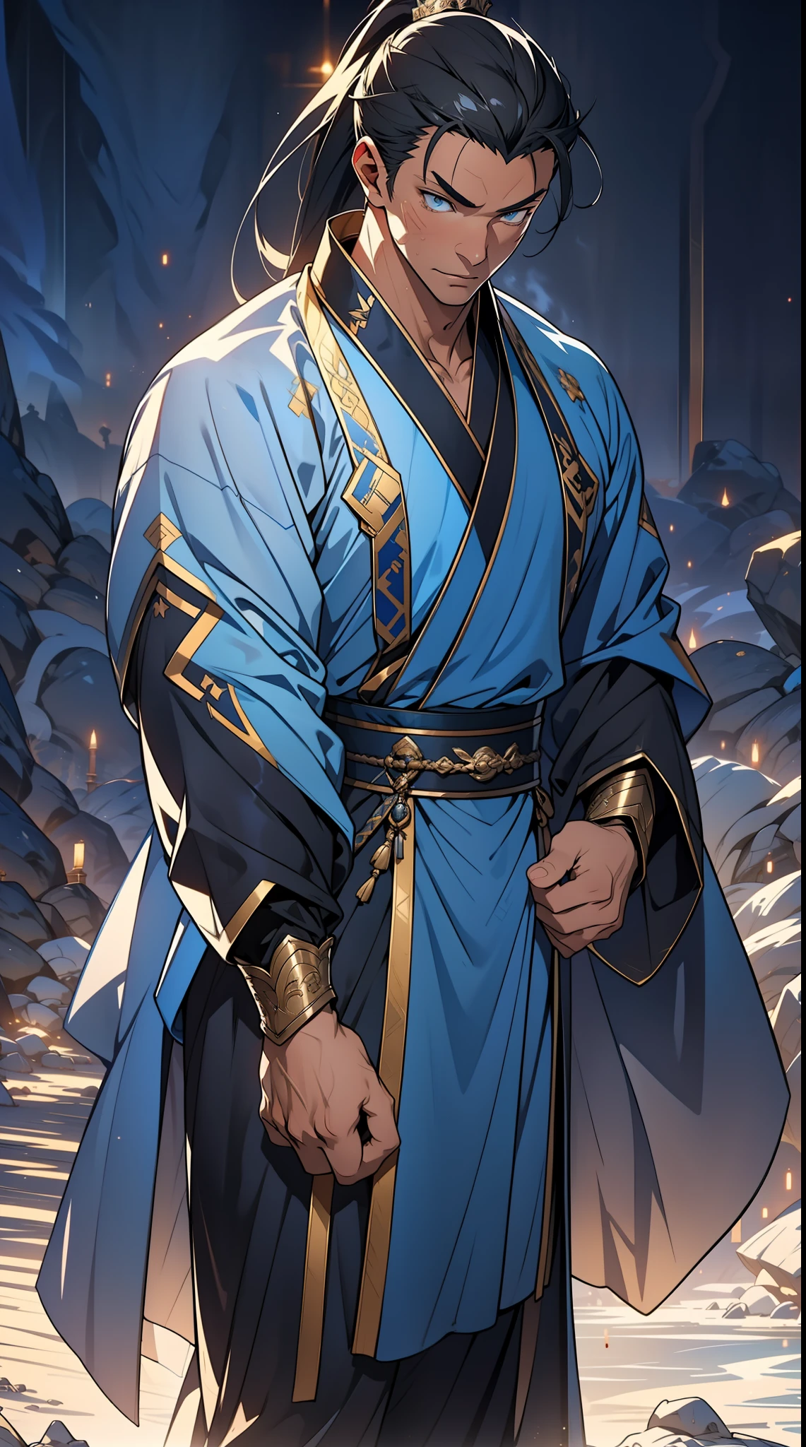 quadratic element,style of anime,mtu(Male Warrior),The proportions are correct,Face details,swordsmen,High ponytail hairstyle,Neck details,There is an Adam's apple,Blue suit,kaftan,long blue robes,clothes details,Handing over,longer sleeves,Game quality,Swordsmanship,Light and shadow tracking,Ray traching,detailed glow,cg render,hair detail,Black long hair,blue colored eyes,Handsome,Handsome,(juvenile sense),Clothing is complicated,Perfectcomposition,Refinement,high qulity,higher details,Lots of details,The background is complex,a sense of atmosphere,