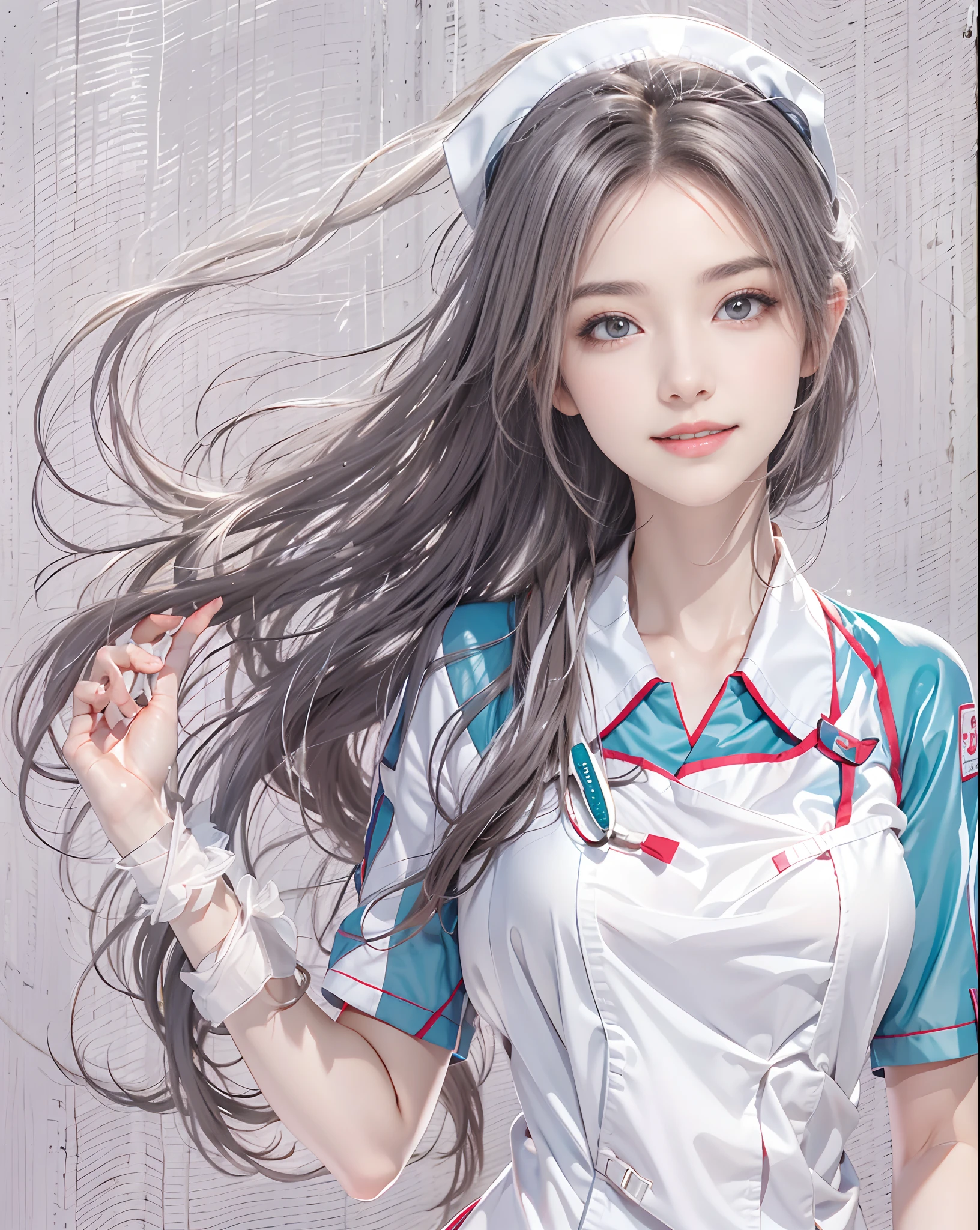 masutepiece、hight resolution、nurse、30-year-old girl、１Girl Nurse、Looking at the camera、smil、Finish as shown in the photo、the skin is white and beautiful、Hair is long and beautiful、inner colored、Hair should be tied back、A slender