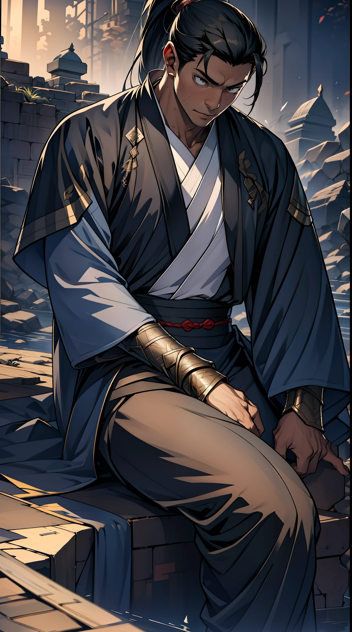 quadratic element，style of anime，mtu（Male Warrior），The proportions are correct，Face details，swordsmen，High ponytail hairstyle，Neck details，There is an Adam's apple，Golden Hanfu，kaftan，Embroidered robes，Gold robe，clothes details，Handing over，longer sleeves，Game quality，Swordsmanship，Light and shadow tracking，Ray traching，detailed glow，cg render，hair detail，cabellos largos dorados，Golden eyes，Handsome，Handsome，（juvenile sense），Clothing is complicated，Perfectcomposition，Refinement，high qulity，higher details，Lots of details，The background is complex，a sense of atmosphere，