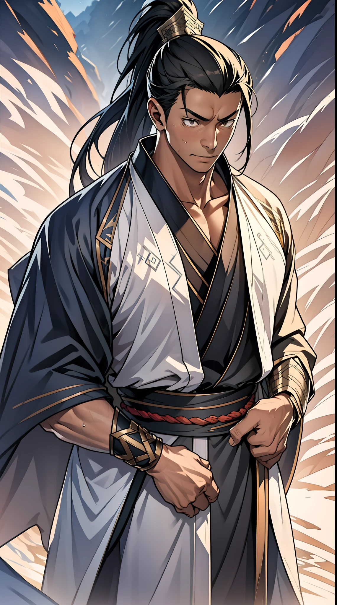 quadratic element，style of anime，mtu（Male Warrior），The proportions are correct，Face details，swordsmen，High ponytail hairstyle，Neck details，There is an Adam's apple，Black Hanfu，kaftan，Embroidered robes，Black robe，clothes details，Handing over，longer sleeves，Game quality，Swordsmanship，Light and shadow tracking，Ray traching，detailed glow，cg render，hair detail，cabelos preto e longos，Black eyes，Handsome，Handsome，（juvenile sense），Clothing is complicated，Perfectcomposition，Refinement，high qulity，higher details，Lots of details，The background is complex，a sense of atmosphere，