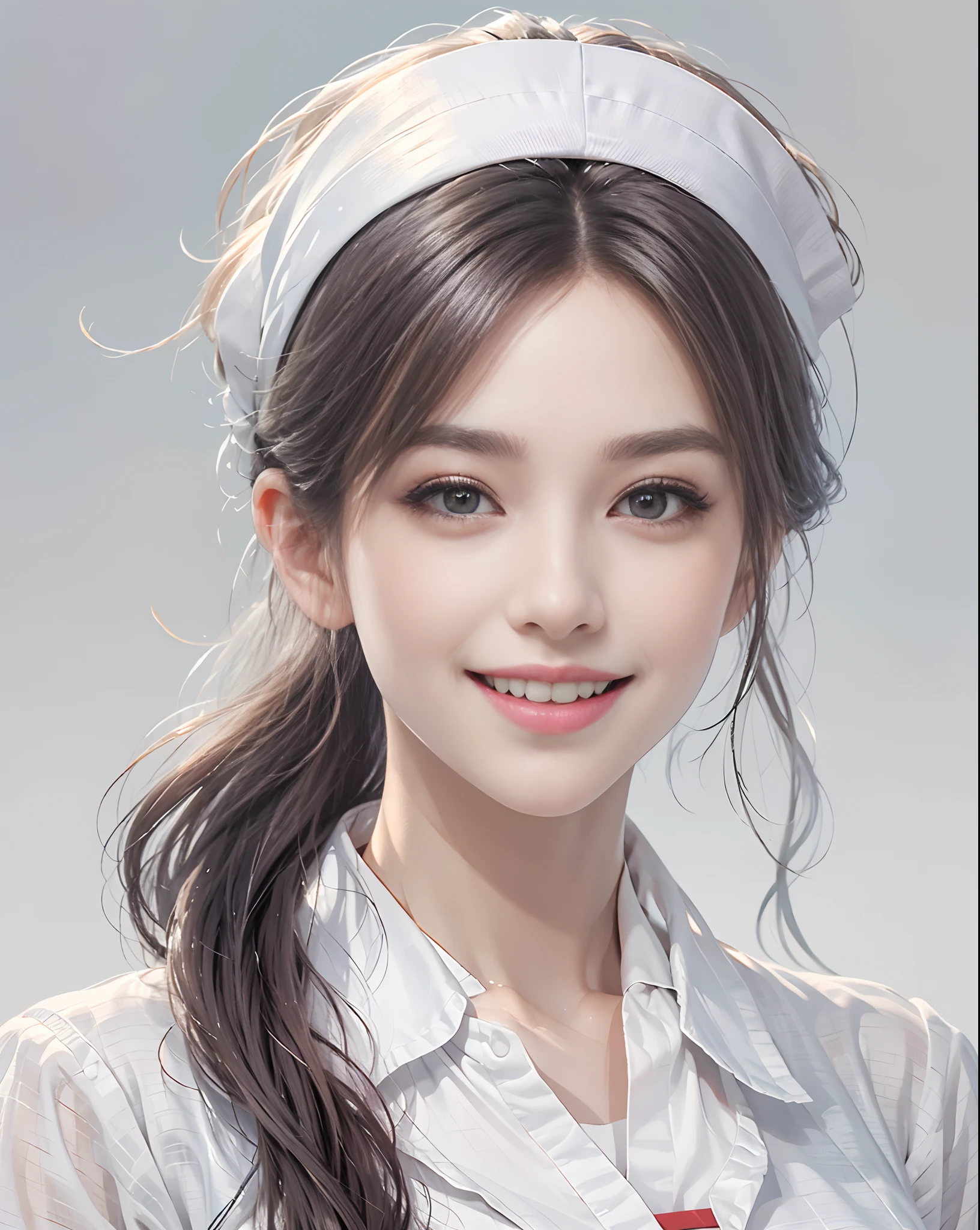 masutepiece、hight resolution、nurse、30-year-old girl、１Girl Nurse、Looking at the camera、smil、Finish as shown in the photo、the skin is white and beautiful、Hair is long and beautiful、inner colored、Hair should be tied back、A slender