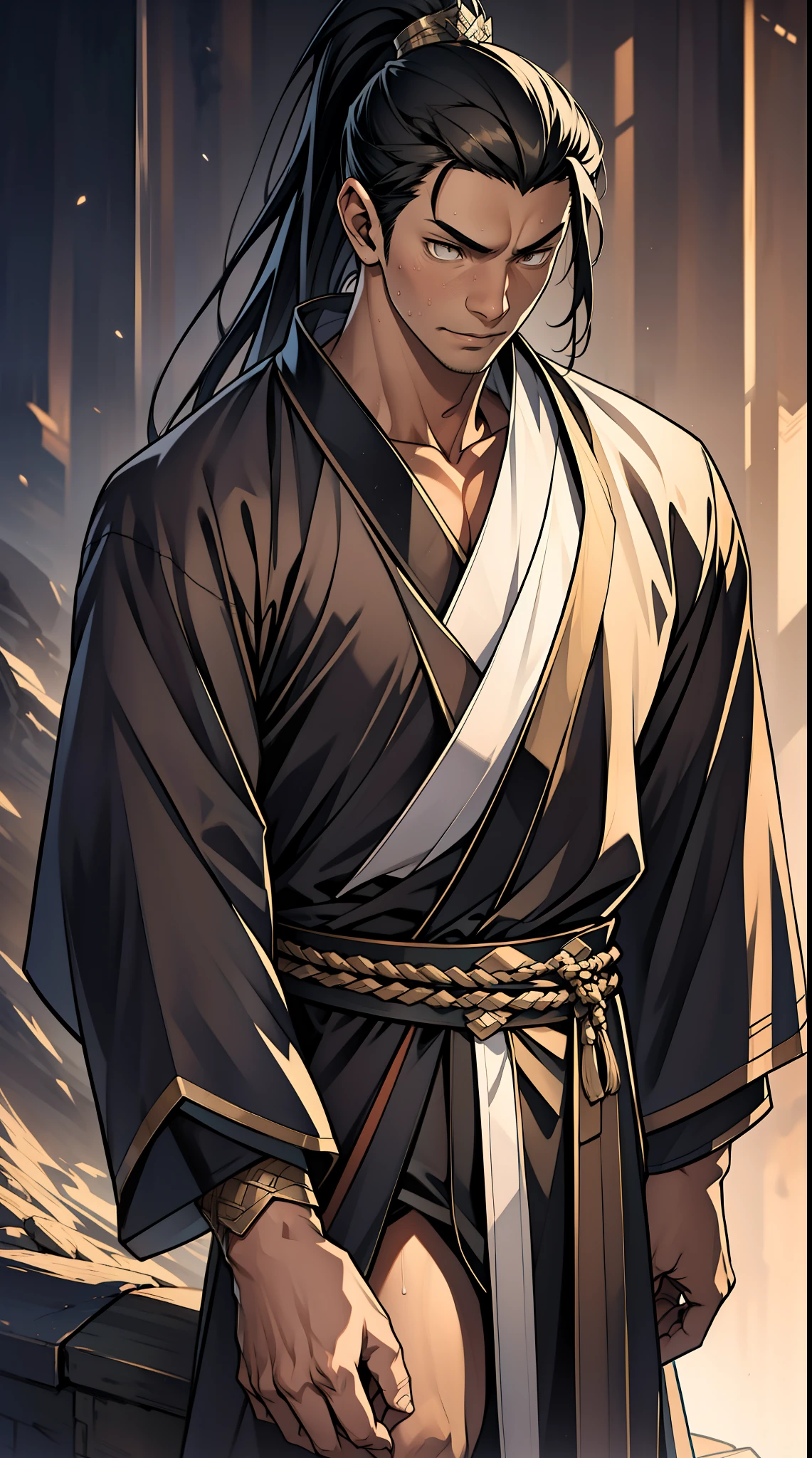 quadratic element,style of anime,mtu(Male Warrior),The proportions are correct,Face details,swordsmen,High ponytail hairstyle,Neck details,There is an Adam's apple,Black Hanfu,kaftan,Embroidered robes,Black robe,clothes details,Handing over,longer sleeves,Game quality,Swordsmanship,Light and shadow tracking,Ray traching,detailed glow,cg render,hair detail,cabelos preto e longos,Black eyes,Handsome,Handsome,(juvenile sense),Clothing is complicated,Perfectcomposition,Refinement,high qulity,higher details,Lots of details,The background is complex,a sense of atmosphere,