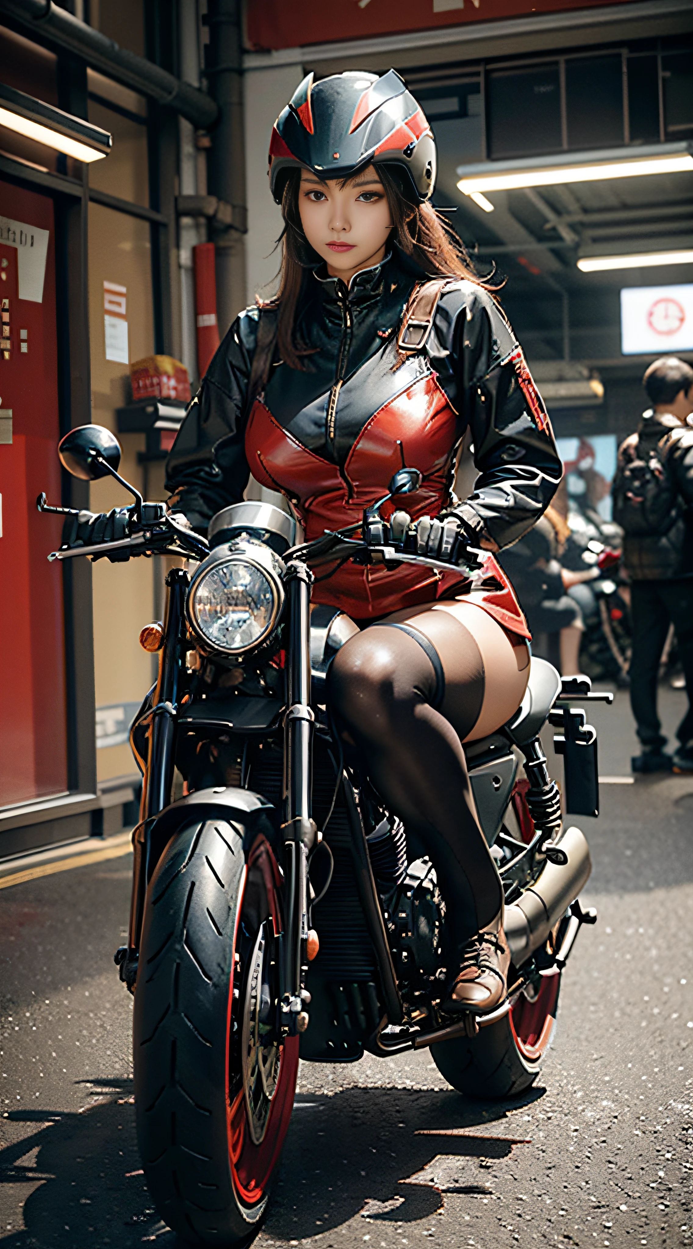 Photorealistic, high resolution, A Japanese Police woman named Kimmi, solo, heavy makeup, Hips up, (Detailed face), Black hair, Long hair, red leather jacket opened to reveal Red and White corset and Red lace Panties , black micro skirt, Ripped Stockings. Fully clothed Police Hat. Sitting on a motorcycle