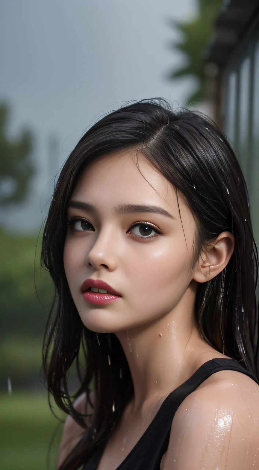 (Best quality, 4k, Masterpiece :1.3), pretty woman, 1girl, sexy :1.1, dark brown hair: 1.1, (rainy wet, wet from rain, wet body :1.2), white tank tops, ultra-detailed face, detailed lips, detailed eyes, double eyelid