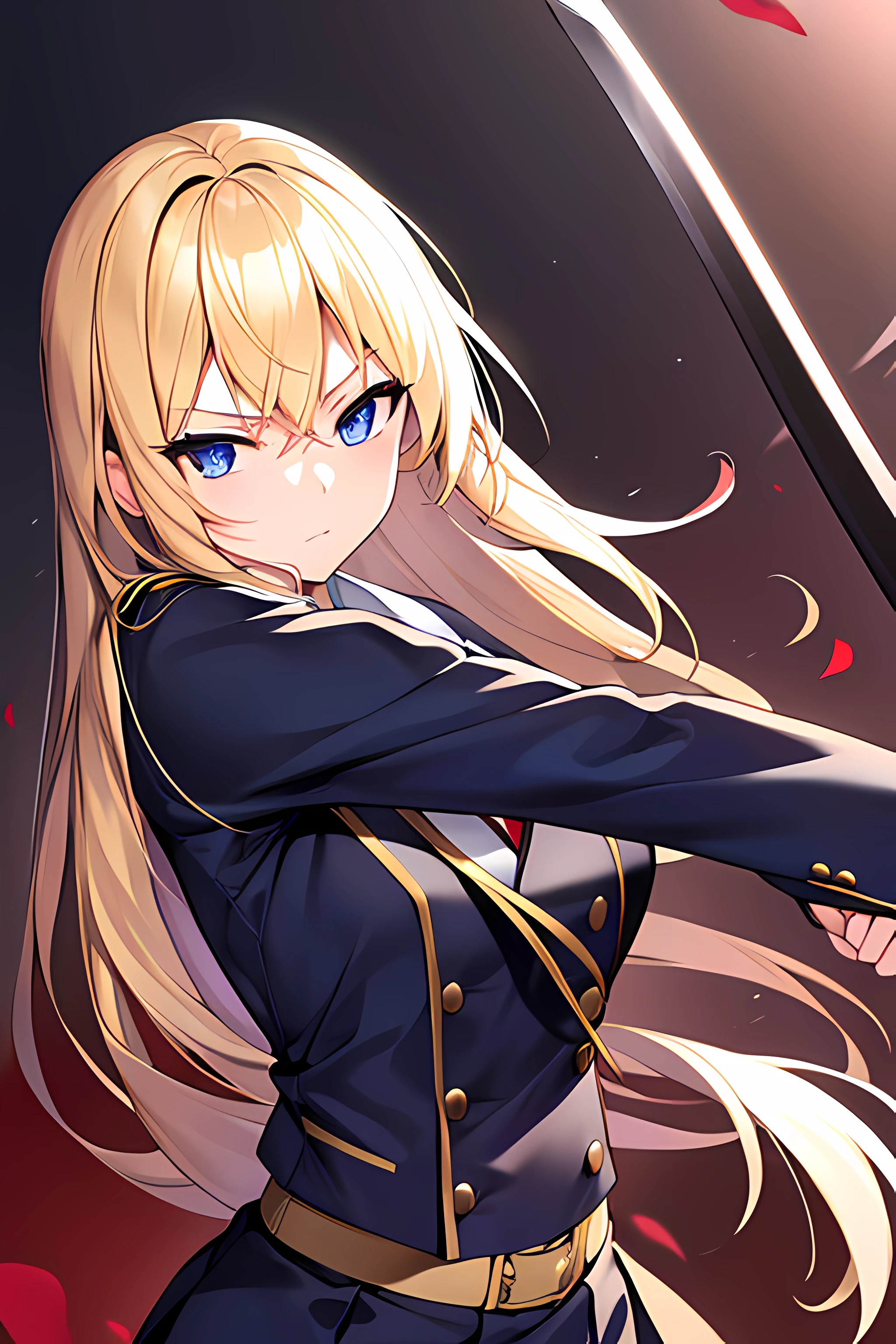 a blonde girl with a katana, school uniform, battle background, holding the katana, dramatic, perfect body, sexy girl