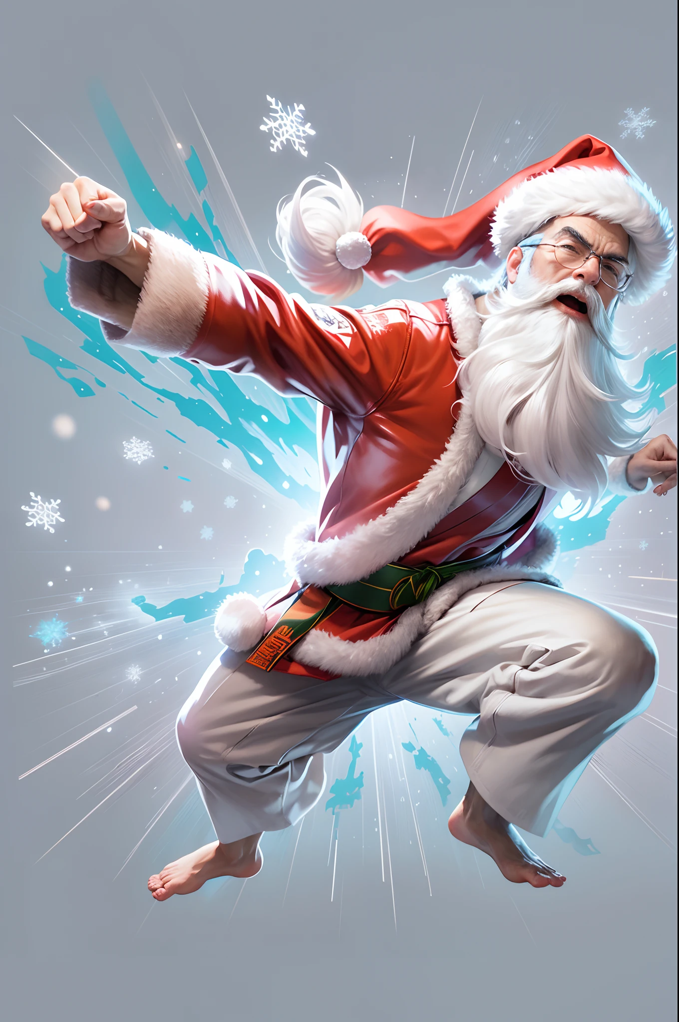 Funny anime character, comics, Low angle, Santa Claus Karate, Santa Claus hat, beautiful blue eyes, dynamicpose, High kick, Sparks and snowflakes in hair and beard, Very realistic, isolated on white background, Concept art, surround light, HD, Ultra Detailed, highest accuracy,