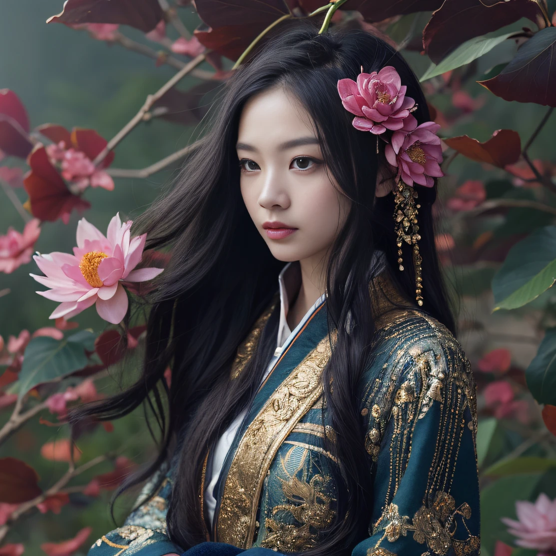 Gold backstop 32K（tmasterpiece，k hd，hyper HD，32K）Long flowing black hair，ponds，zydink， a color， Aozhou people （Concubine girl）， （Purple silk scarf）， Combat posture， looking at the ground， long whitr hair， Floating hair， Carp pattern headdress， Chinese long-sleeved clothing， （Abstract gouache splash：1.2）， Pink petal background，Pink and white lotus flowers fly（realisticlying：1.4），Black color hair，Fallen leaves flutter，The background is pure， A high resolution， the detail， RAW photogr， Sharp Re， Nikon D850 Film Stock Photo by Jefferies Lee 4 Kodak Portra 400 Camera F1.6 shots, Rich colors, ultra-realistic vivid textures, Dramatic lighting, Unreal Engine Art Station Trend, cinestir 800，Long flowing black hair，Denim skirt