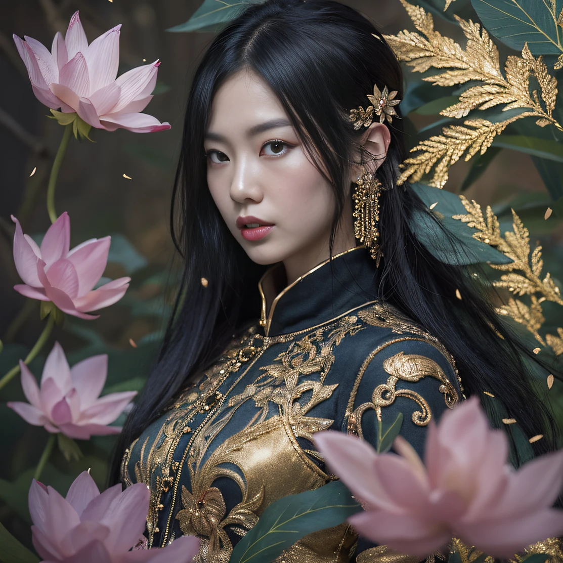 Gold backstop 32K(tmasterpiece,k hd,hyper HD,32K)Long flowing black hair,ponds,zydink, a color, Aozhou people (Concubine girl), (Purple silk scarf), Combat posture, looking at the ground, long whitr hair, Floating hair, Carp pattern headdress, Chinese long-sleeved clothing, (Abstract gouache splash:1.2), Pink petal background,Pink and white lotus flowers fly(realisticlying:1.4),Black color hair,Fallen leaves flutter,The background is pure, A high resolution, the detail, RAW photogr, Sharp Re, Nikon D850 Film Stock Photo by Jefferies Lee 4 Kodak Portra 400 Camera F1.6 shots, Rich colors, ultra-realistic vivid textures, Dramatic lighting, Unreal Engine Art Station Trend, cinestir 800,Long flowing black hair,Denim skirt